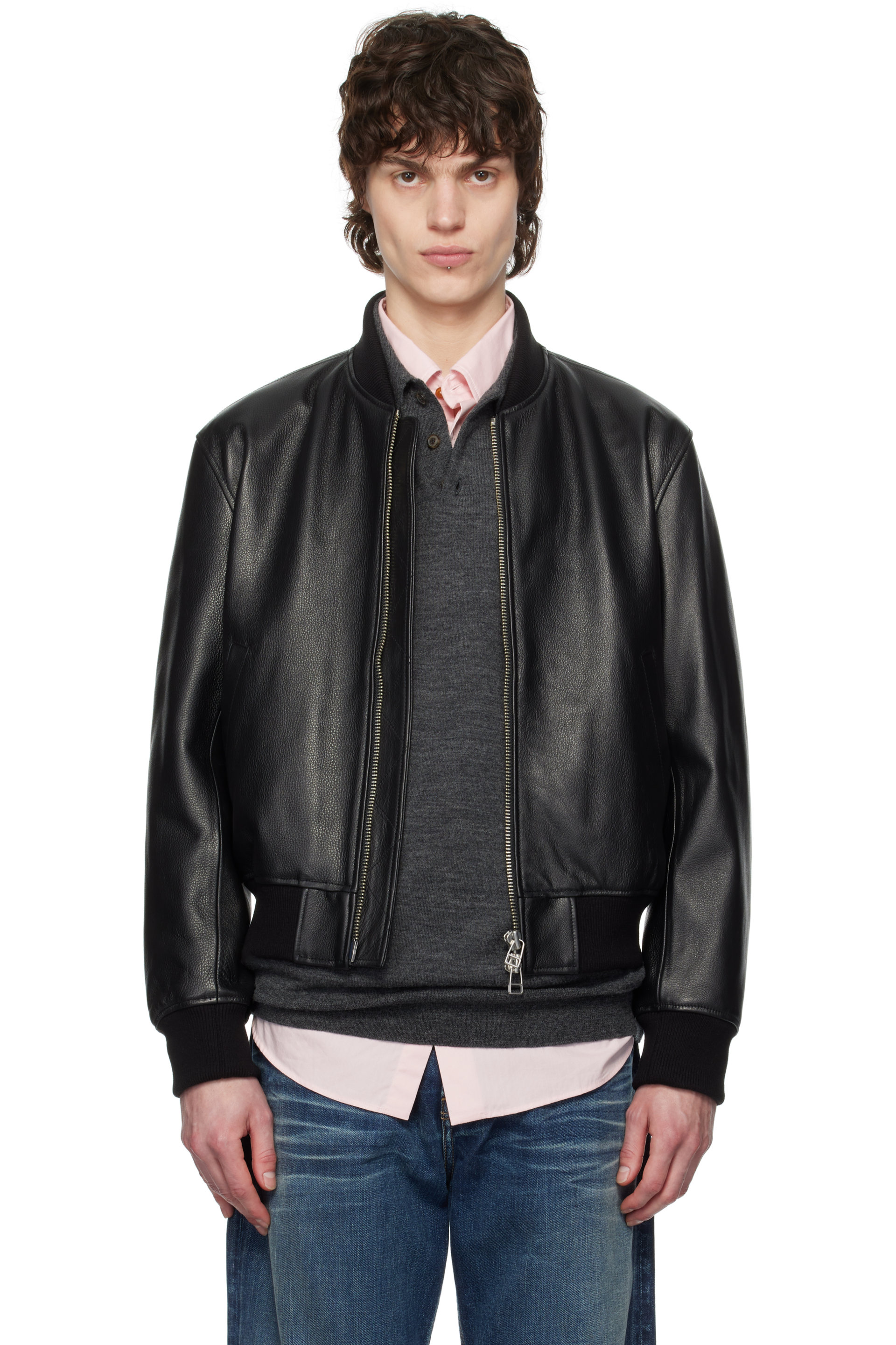 TONYWACK - Black Grained Leather Bomber Jacket
