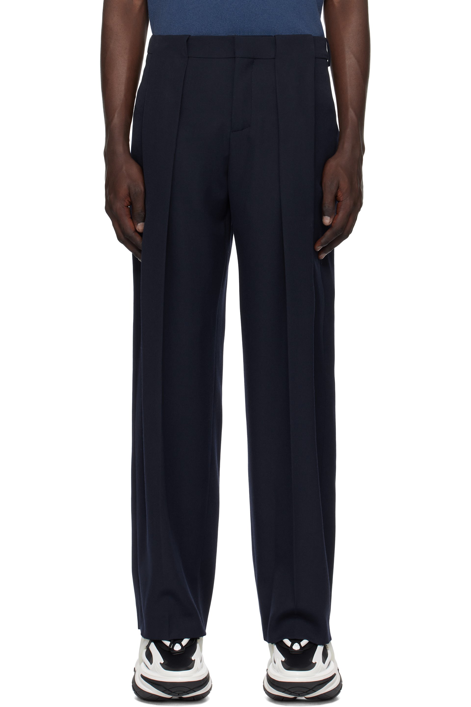 BALMAIN - Navy Pleated Grain De Poudre Trousers