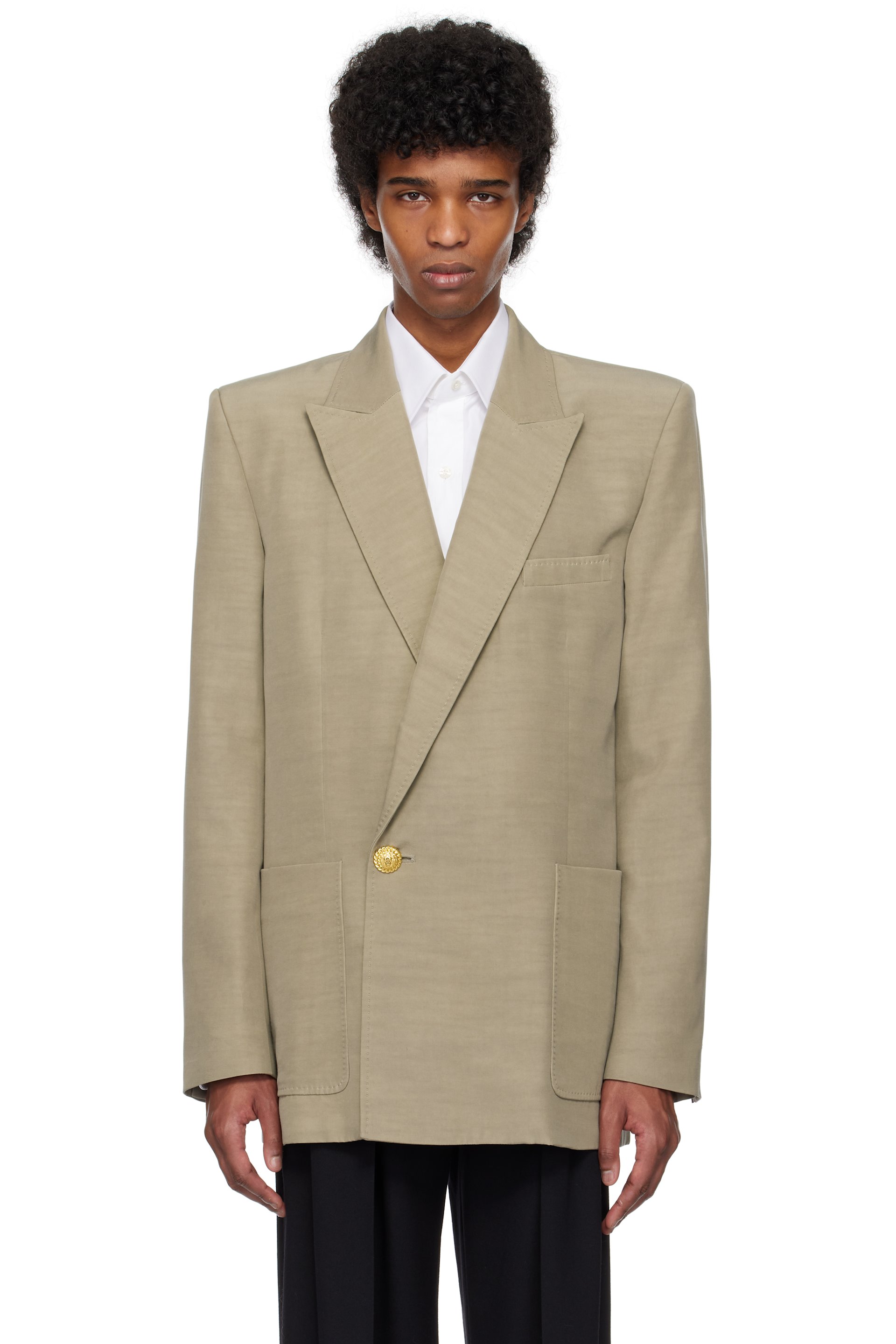 Balmain - Veston façon costume taupe en cupro à bouton