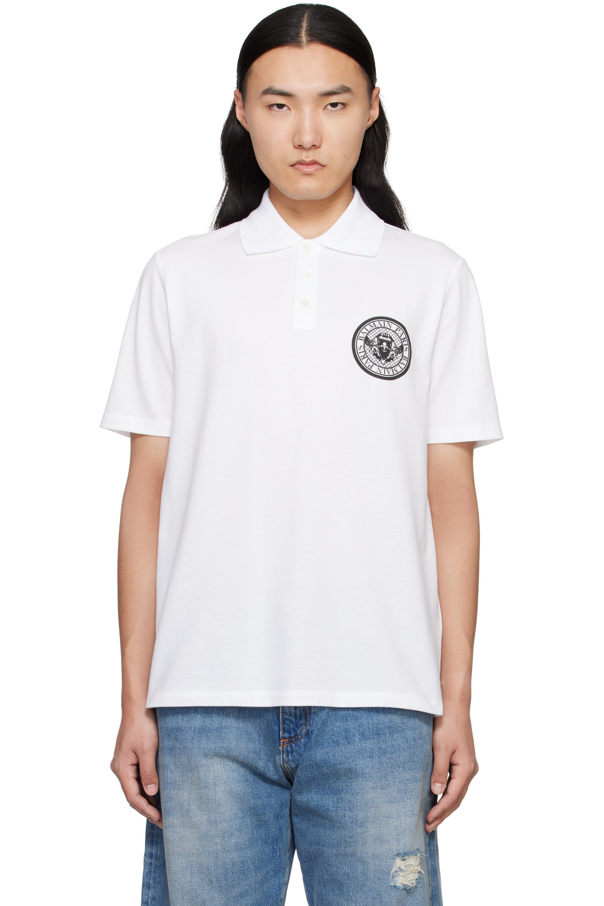 BALMAIN - White Cotton Coin Print Polo