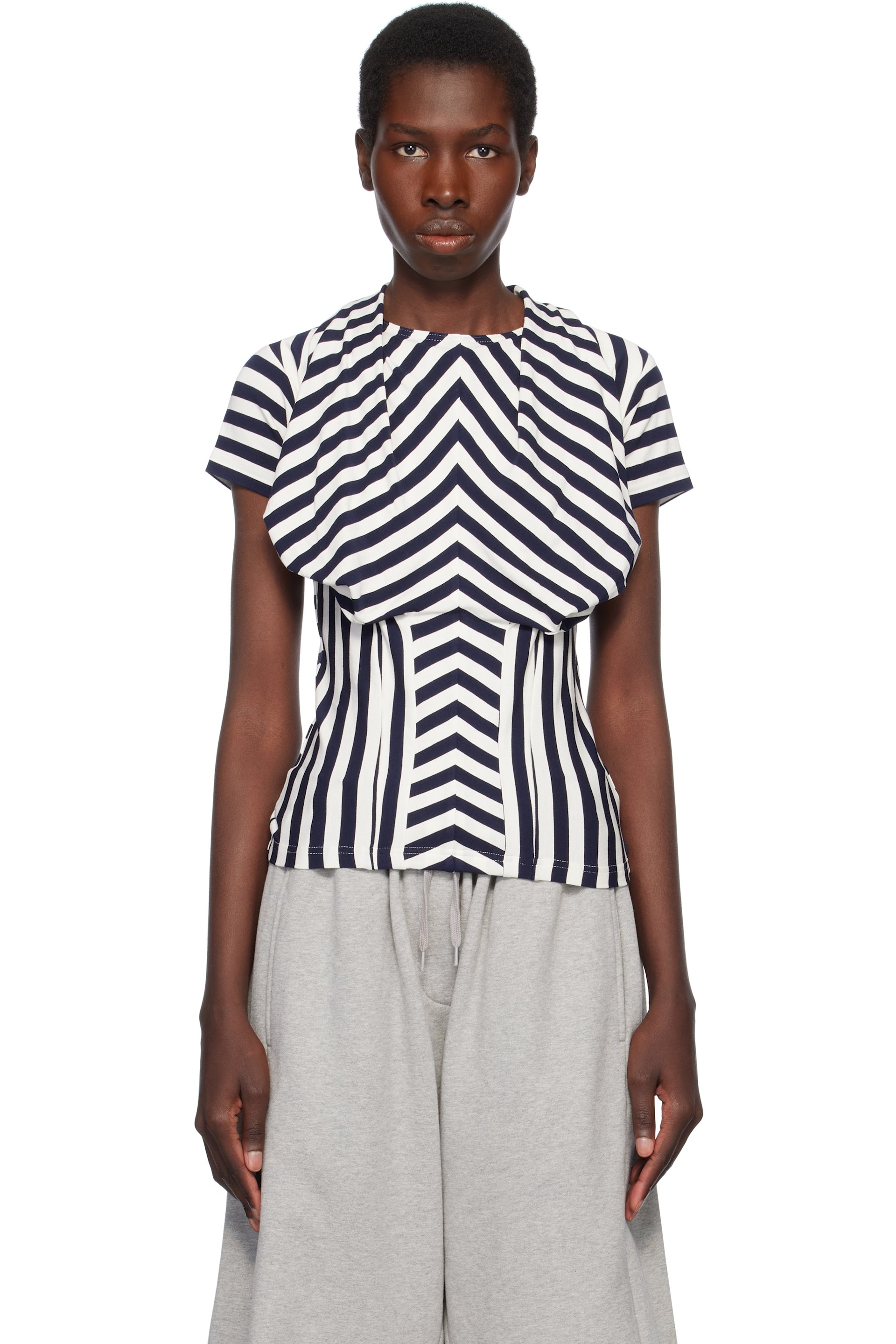 Pushbutton - Navy & White Stripe Bra Draping Jersey T-shirt