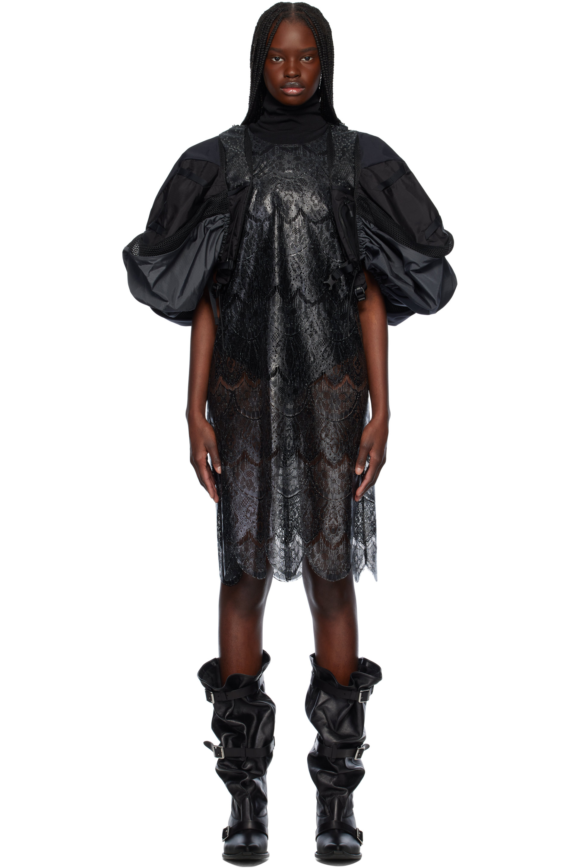 Junya Watanabe - Black & Gray Polyester Scalloped Lace X Nylon Rip-Stop Midi Dress