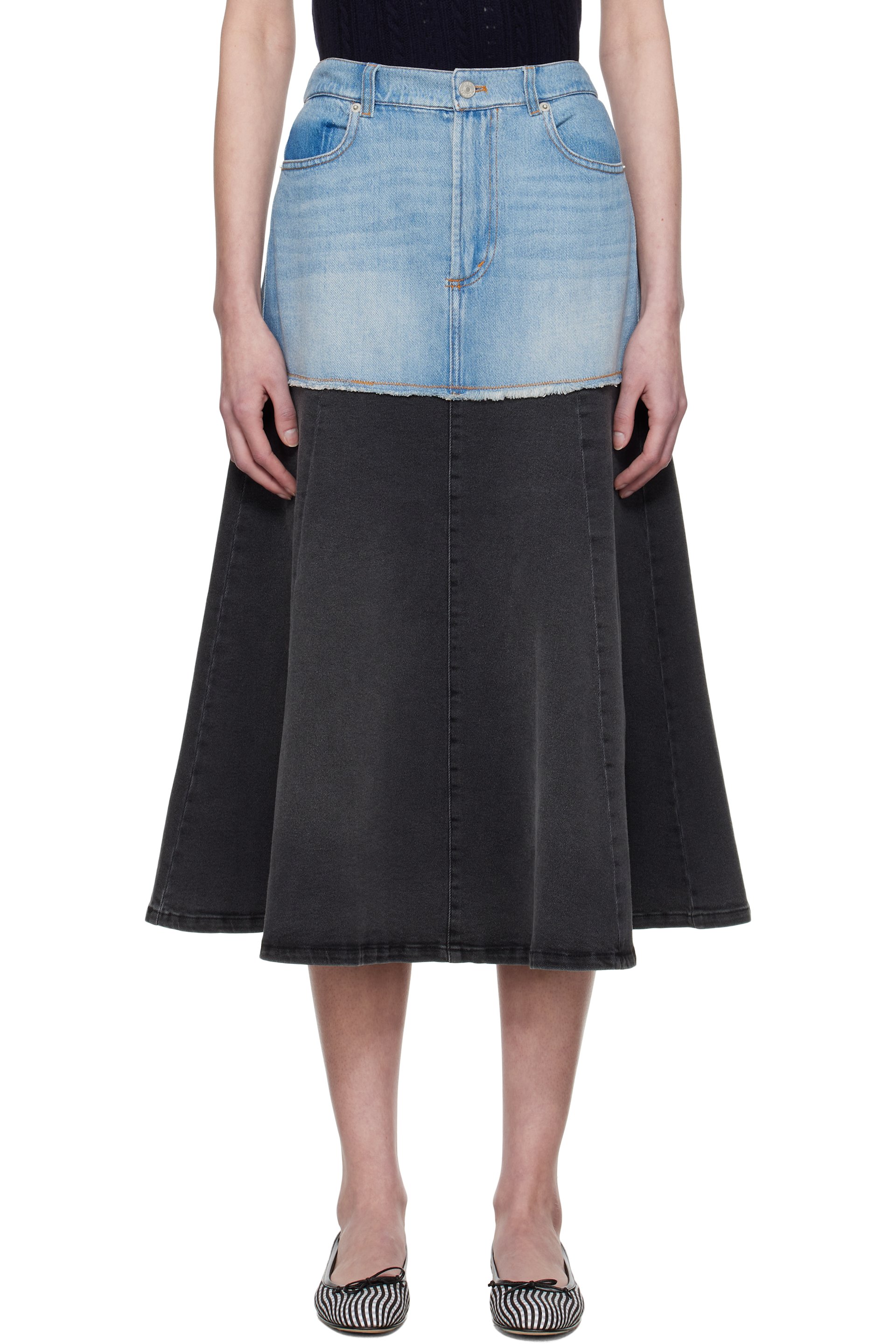 SEA NY - Jupe midi Elle bleu et noir en denim