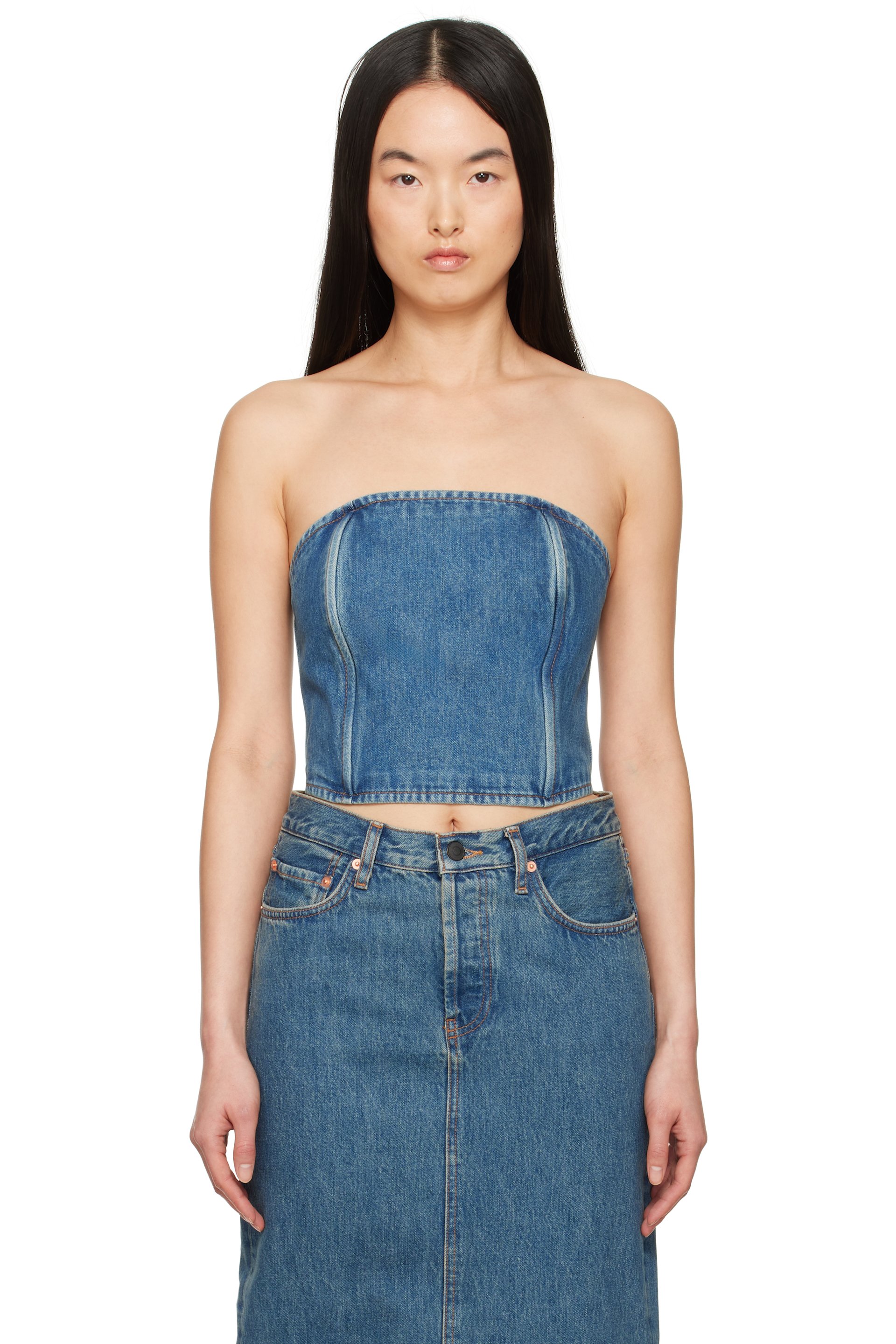 WARDROBE.NYC - Haut tube bleu en denim