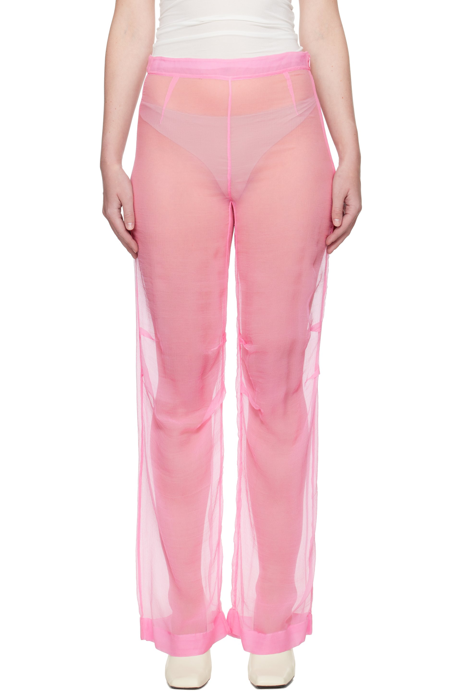 ALAINPAUL - Pantalon rose en crêpe chiffon de soie à pinces