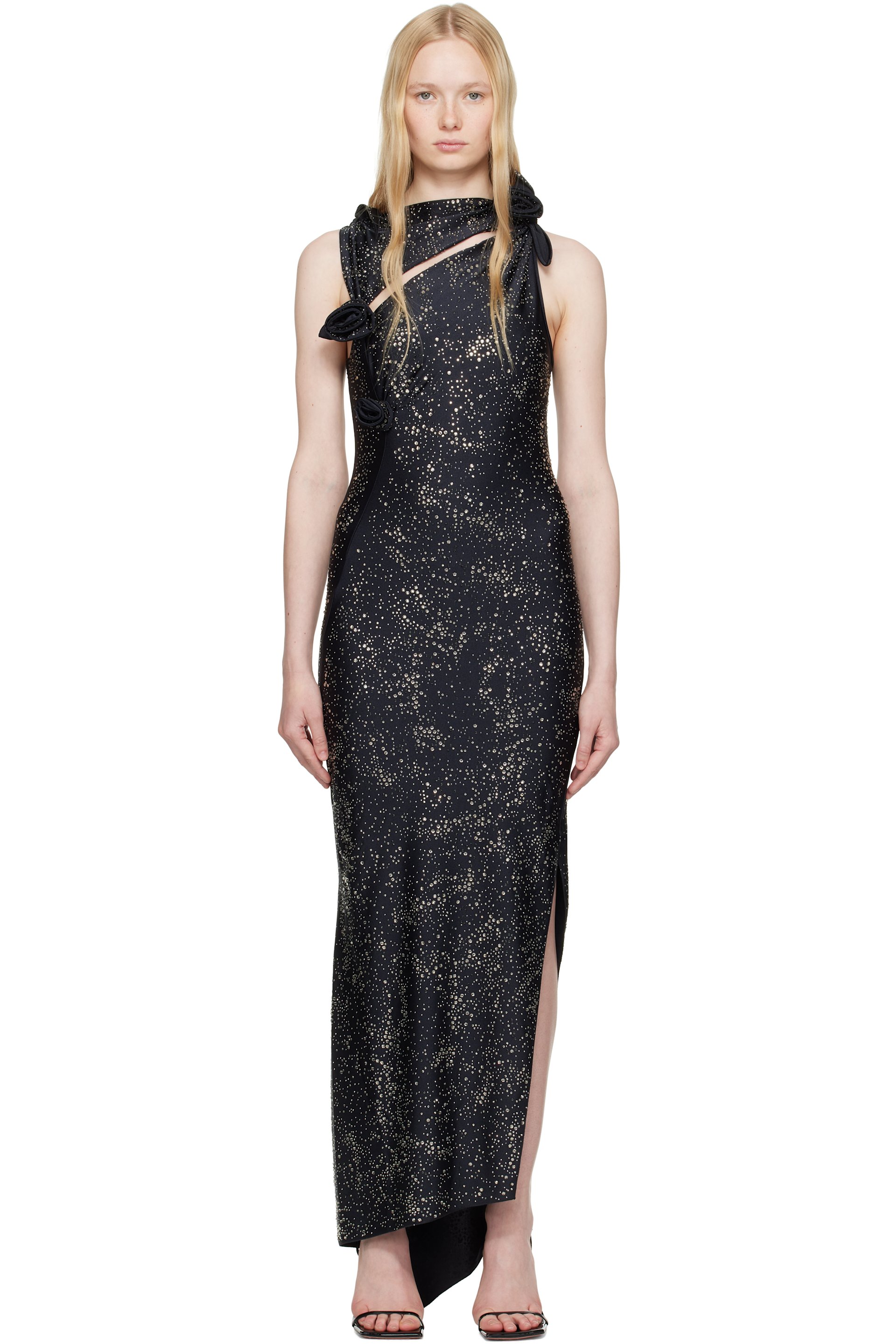 Coperni - 黑色 Crystal-Embellished Asymmetric Flower 连衣裙