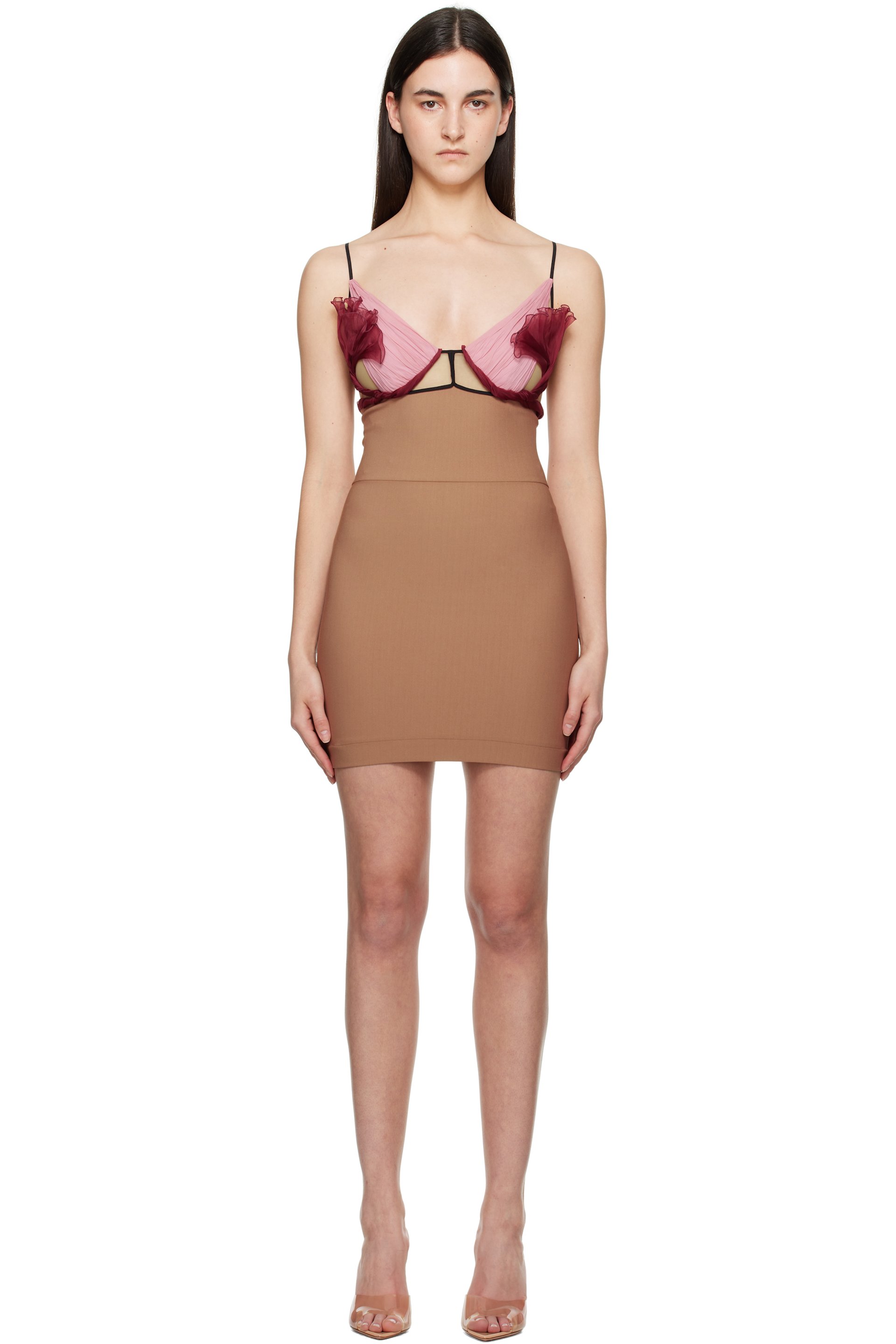 Nensi Dojaka - Robe courte Celina brun clair et rose à garnitures florales