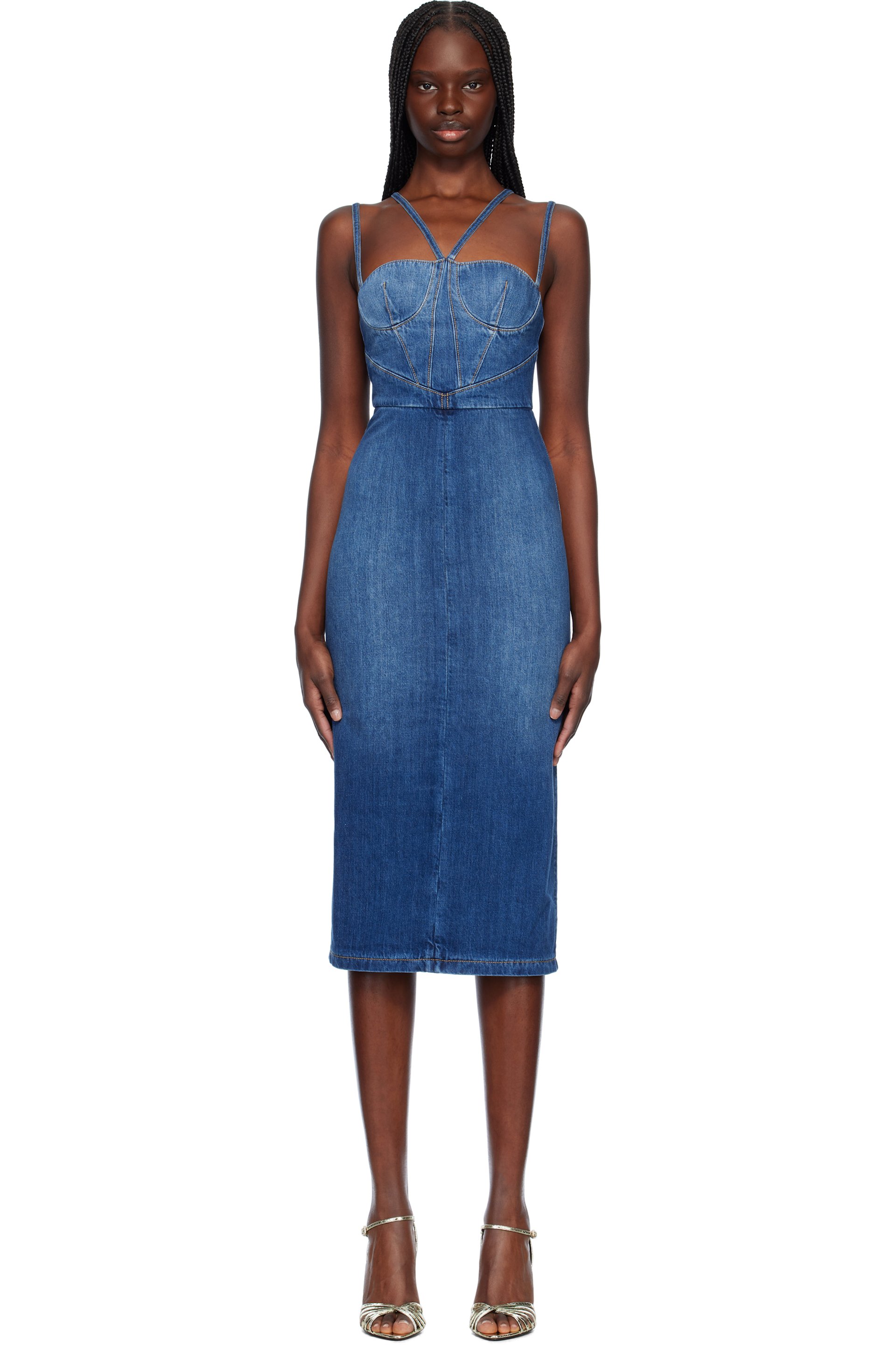 Nensi Dojaka - Robe midi Gaelle bleue en denim à corset