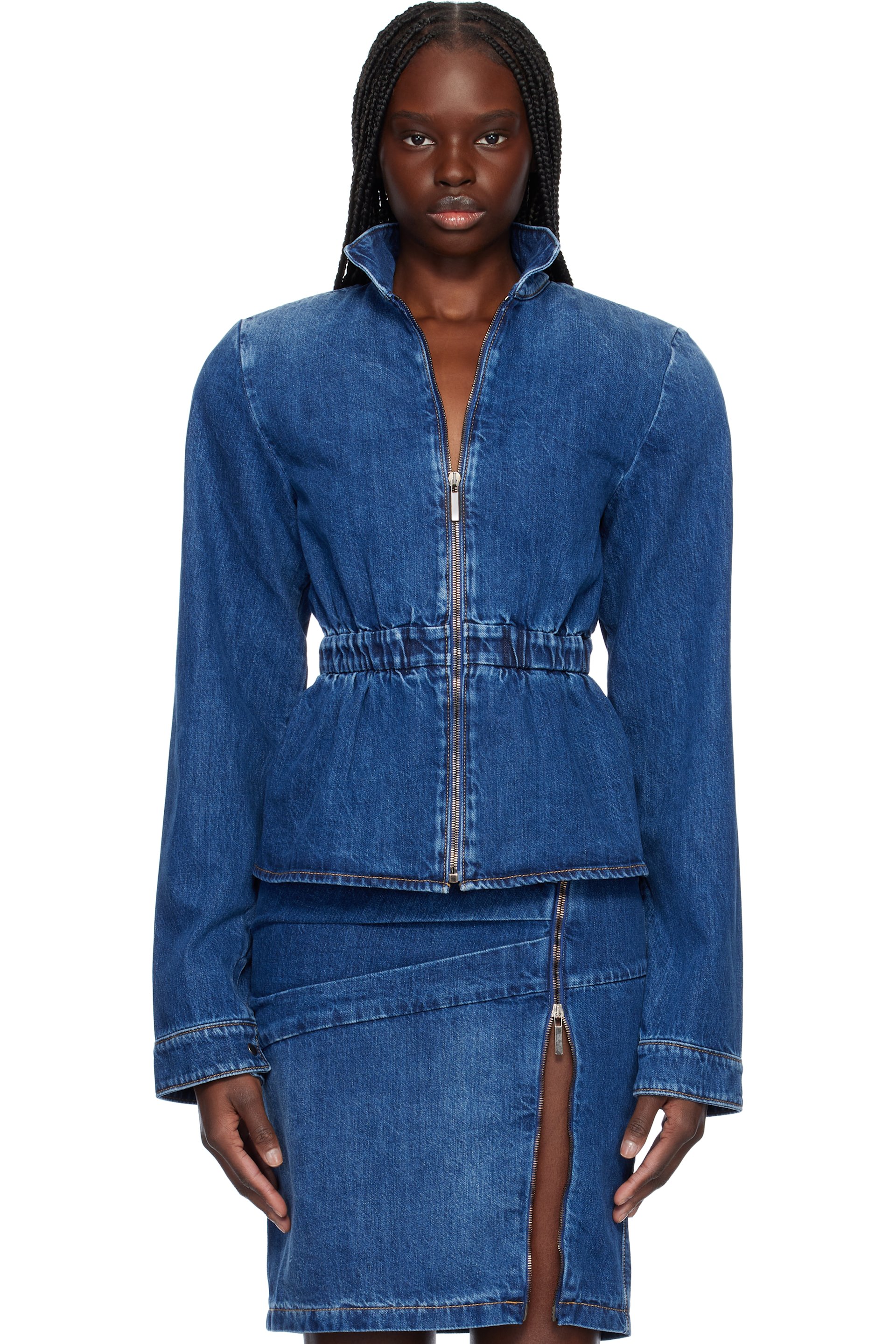 Nensi Dojaka - Blouson aviateur Hayley bleu en denim à ourlet à basque