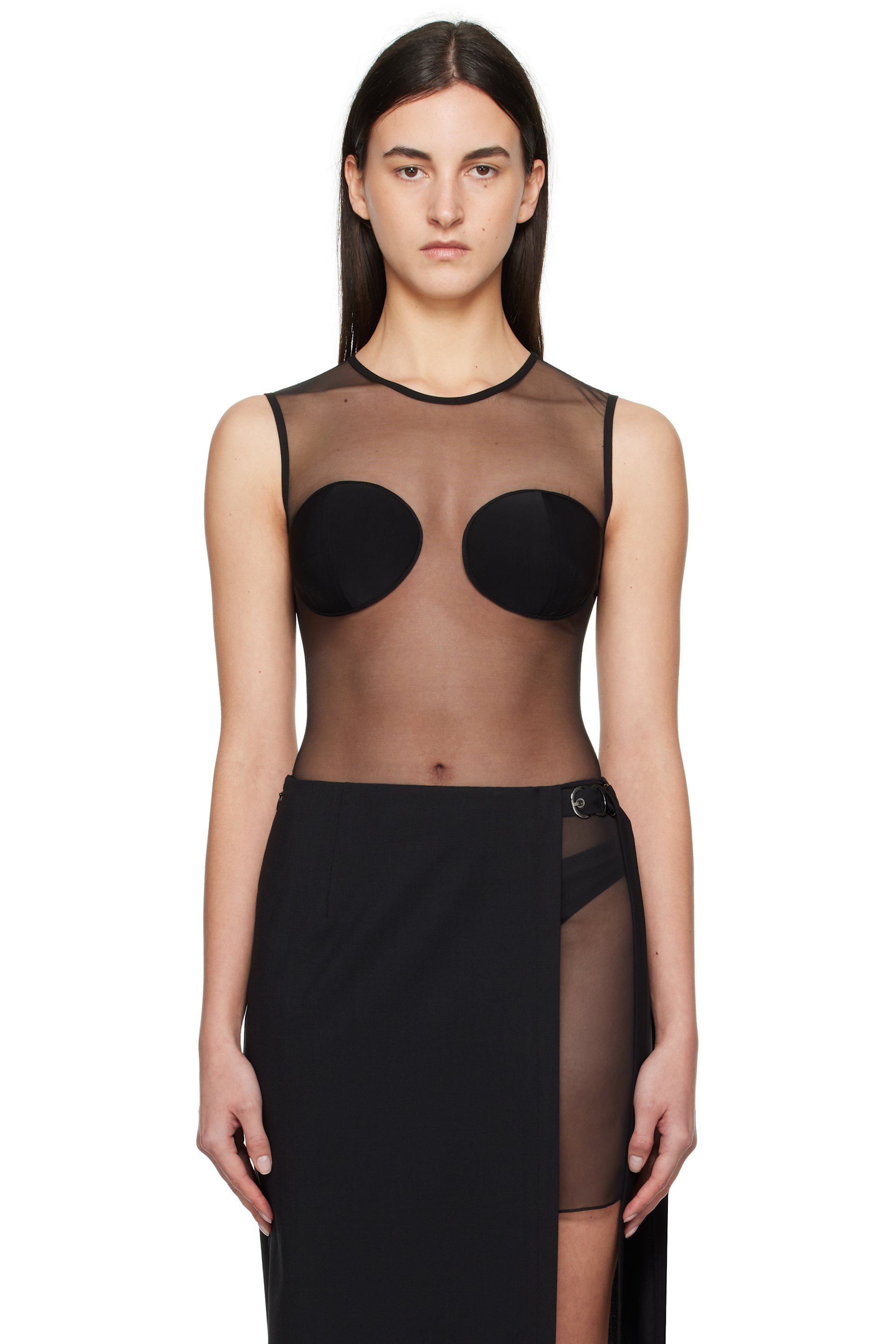 Nensi Dojaka - Black Padded Bra Sleeveless Sheer Bodysuit