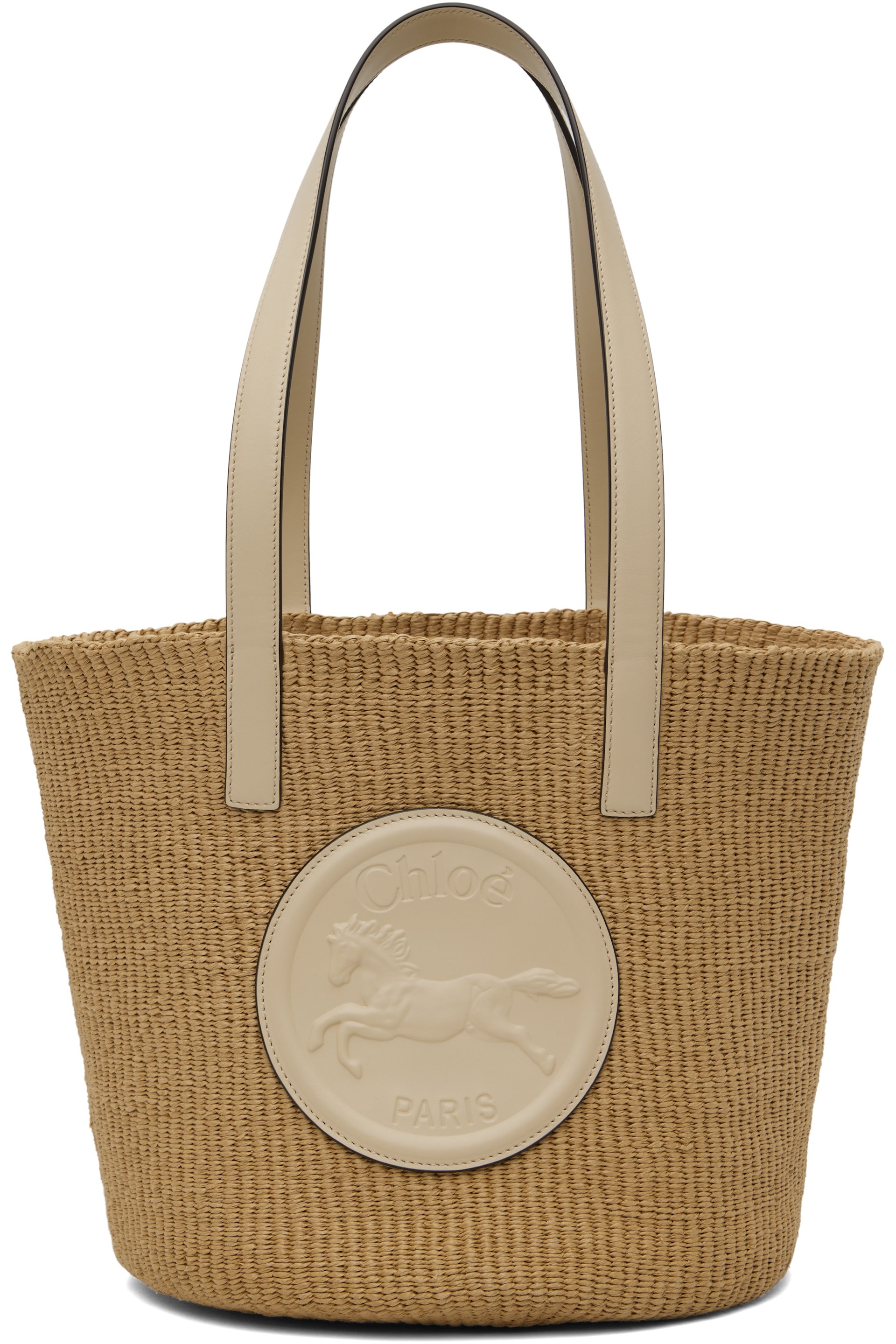 Chloé - Grand cabas de style panier beige et blanc cassé à écusson à logo