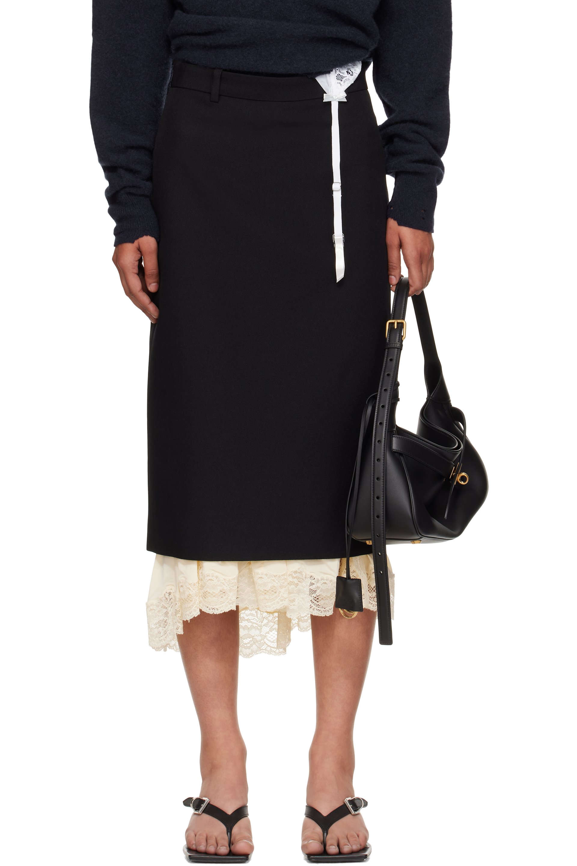Balenciaga - Jupe midi façon tailleur noire à garniture en dentelle