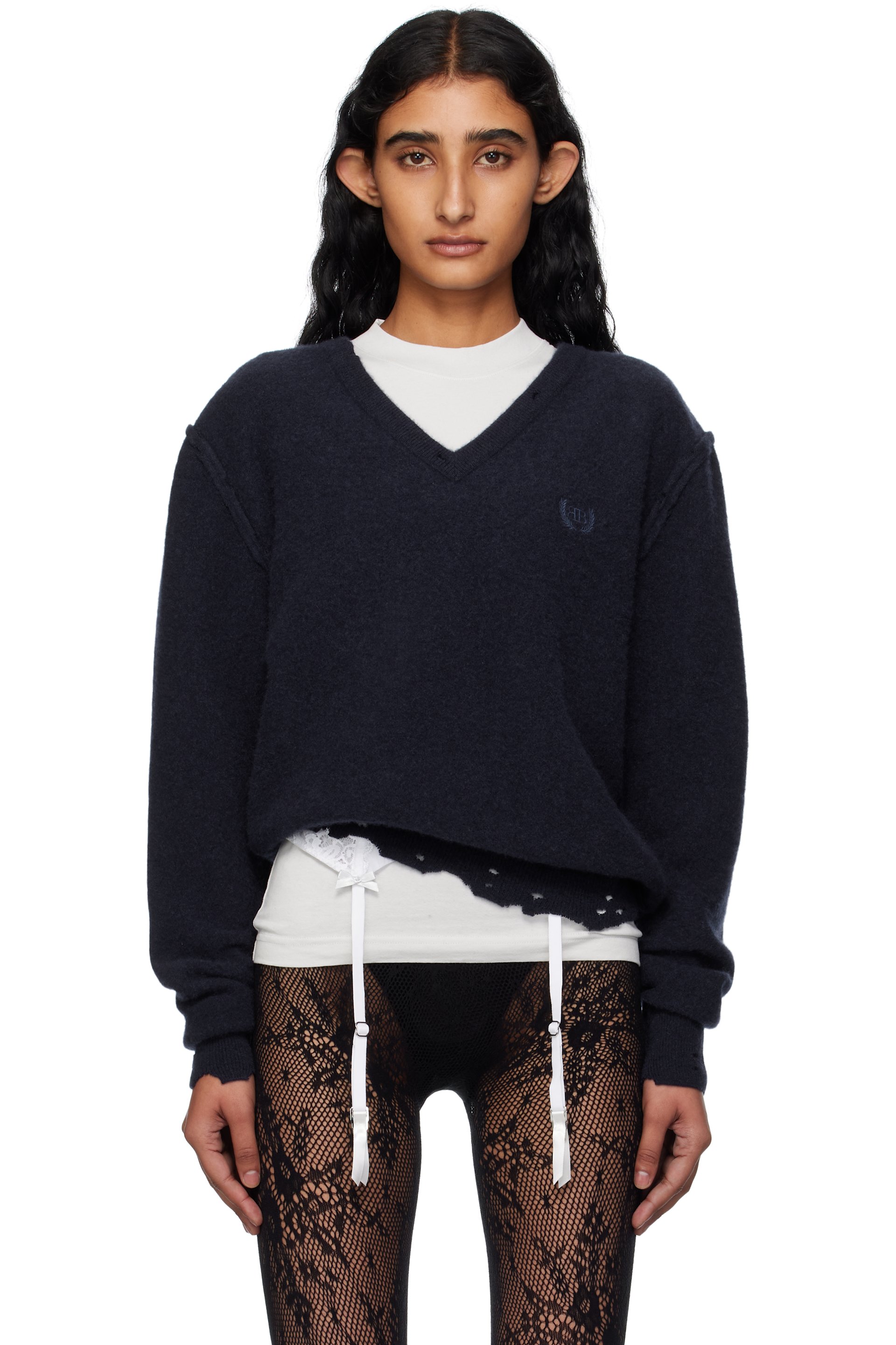 Balenciaga - Pull bleu marine à image de feuilles de laurier et à col en V