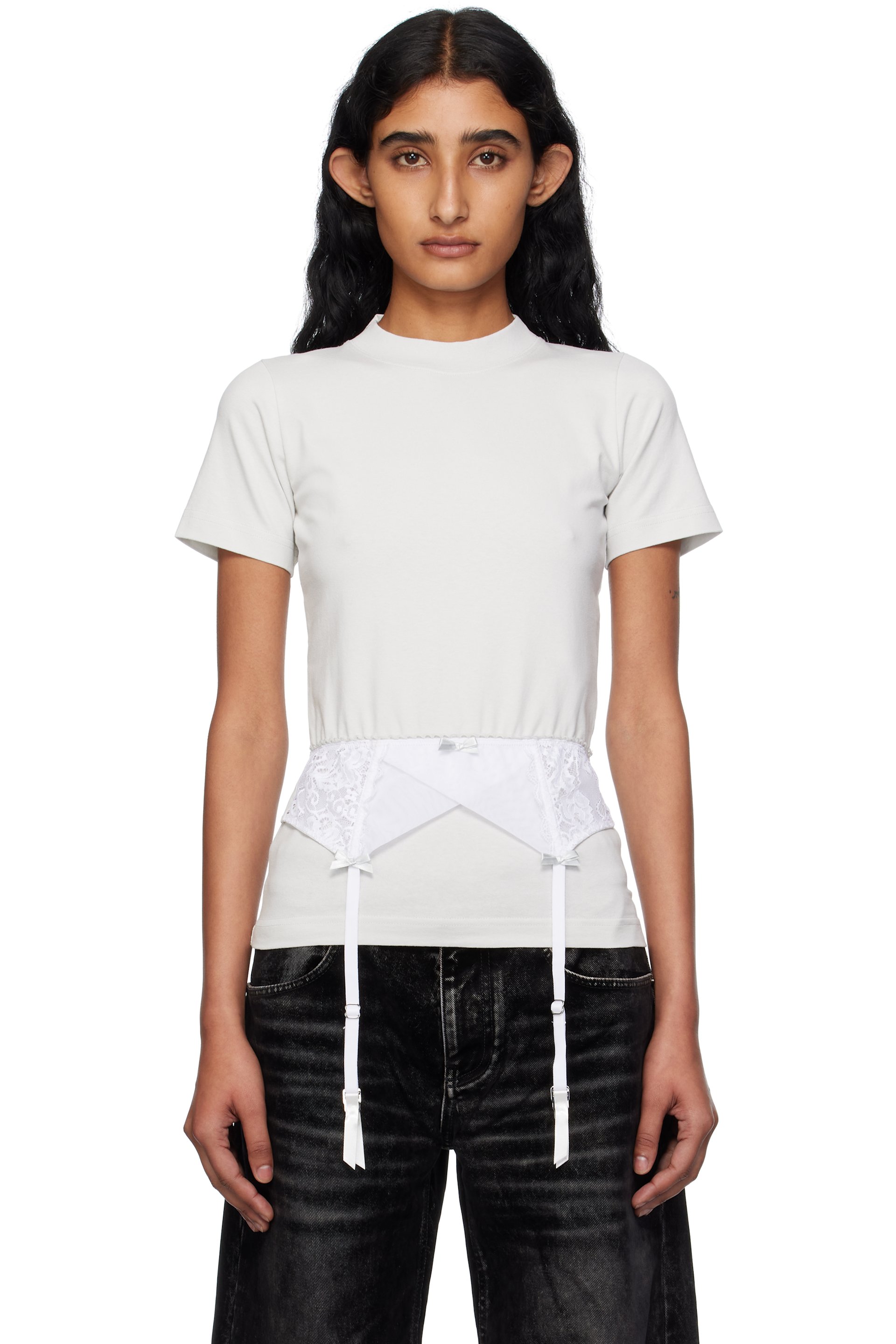 Balenciaga - T-shirt blanc cassé à ornement de style jarretelles