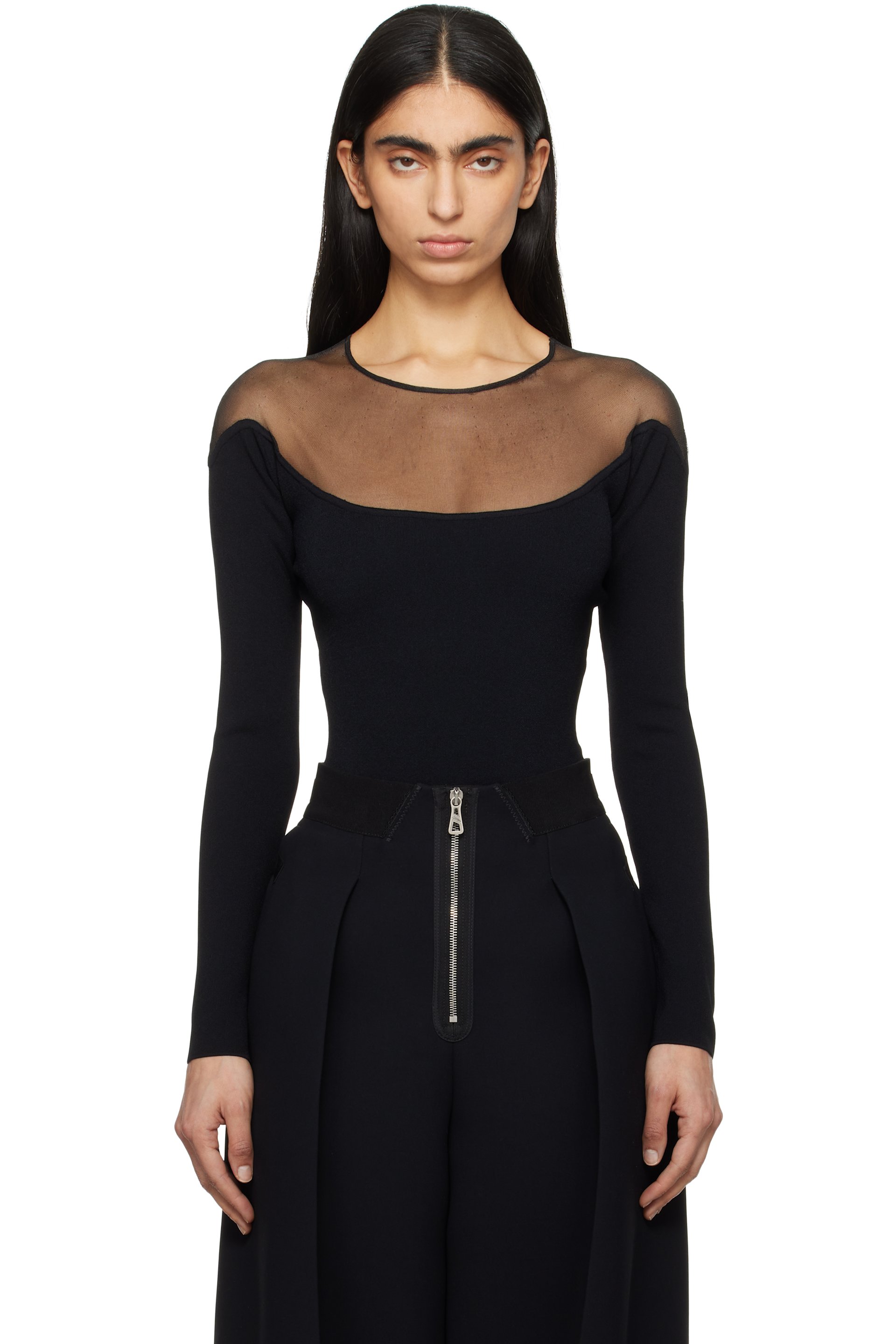Mugler - Justaucorps noir en tricot à panneaux transparents