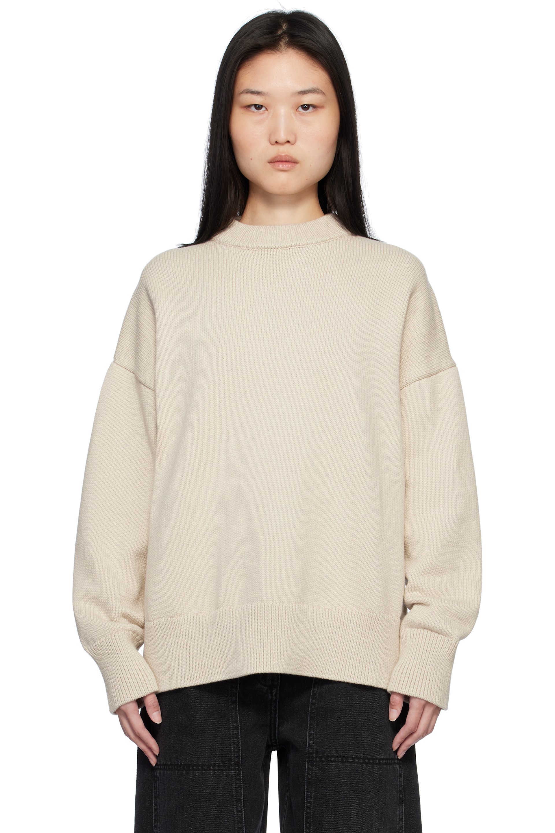 Co - Pull boyfriend beige à col ras du cou