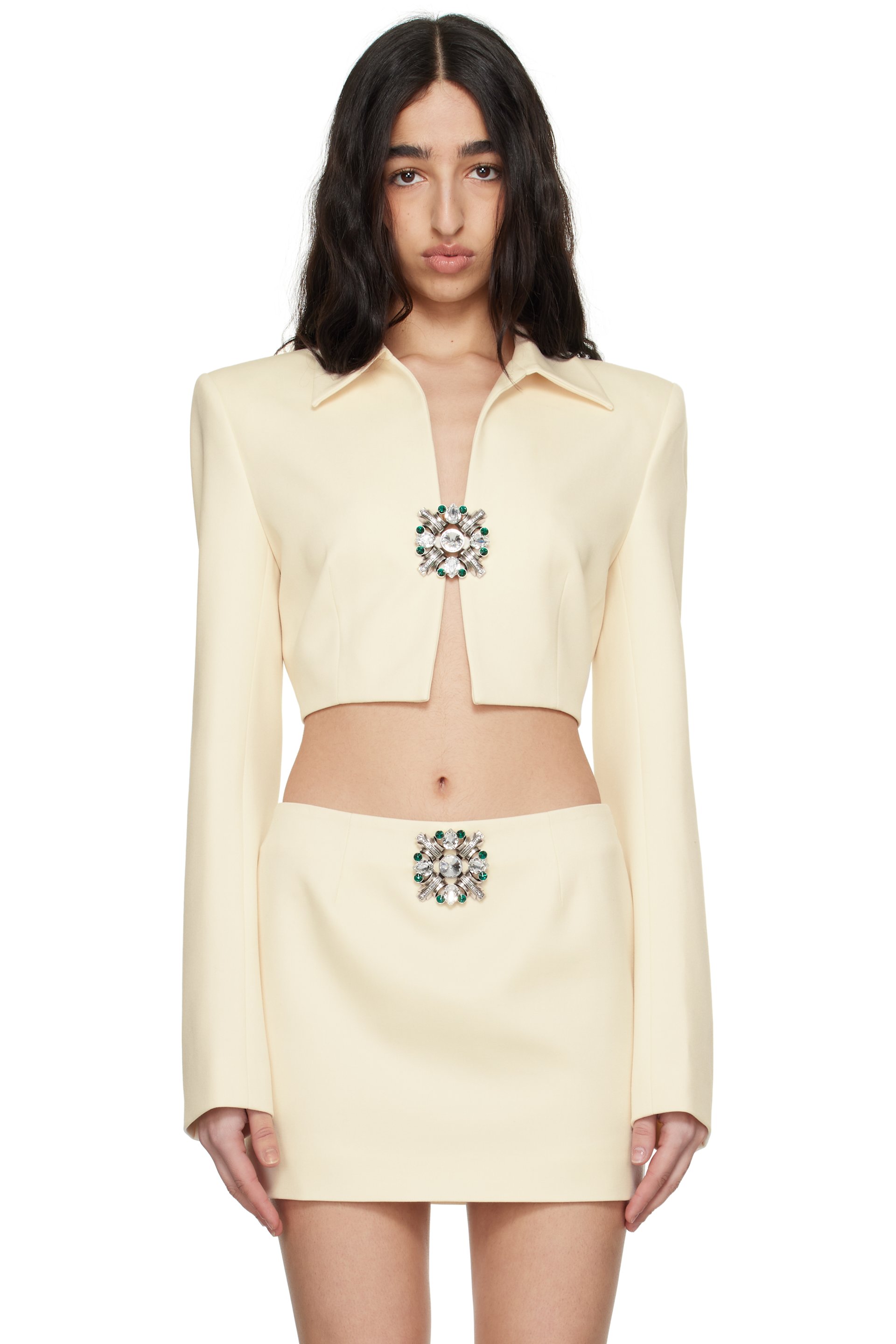 AREA - Off-White Crystal Brooch Cropped Jacket