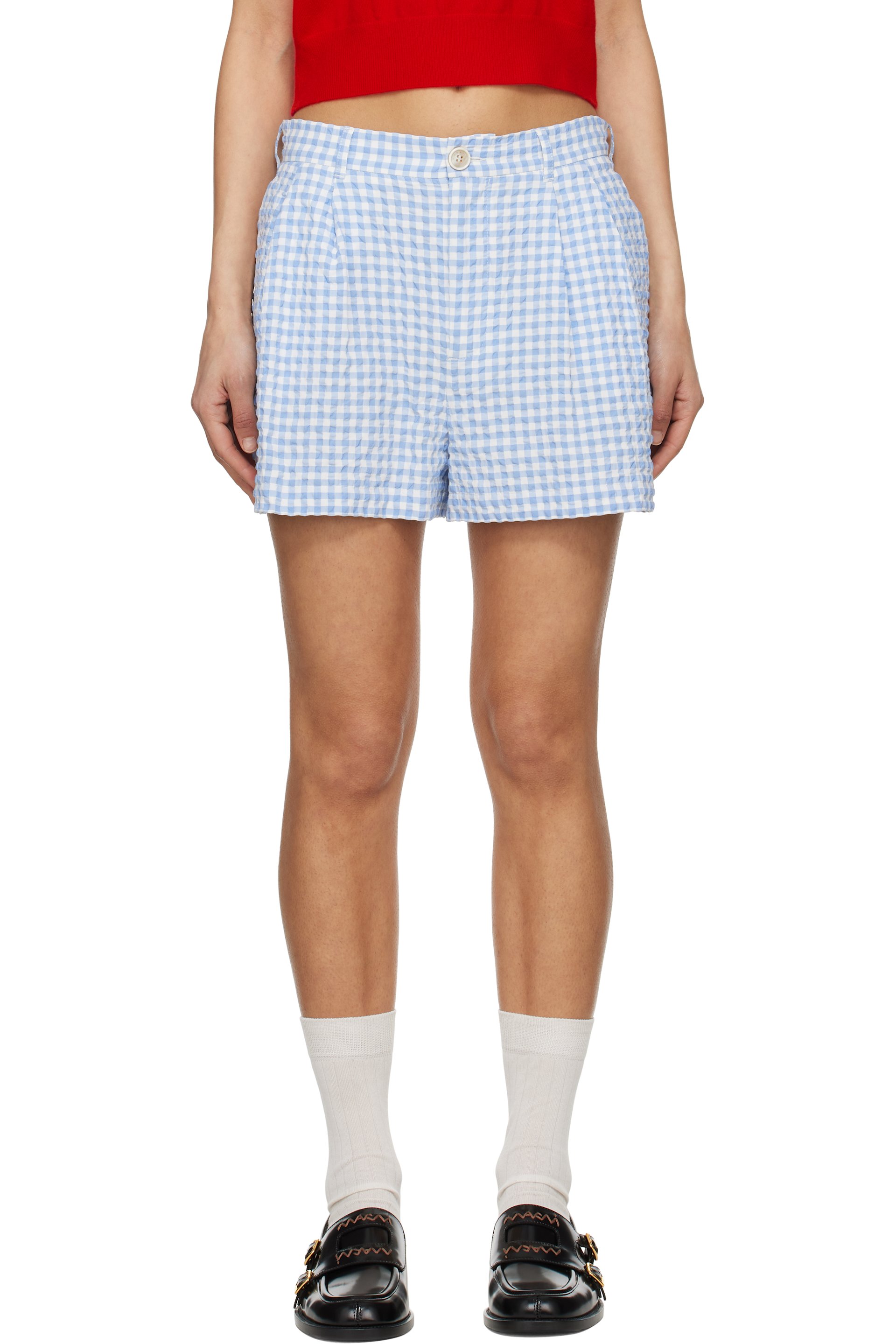 Marni - Short bleu et blanc en tissu gaufré à carreaux