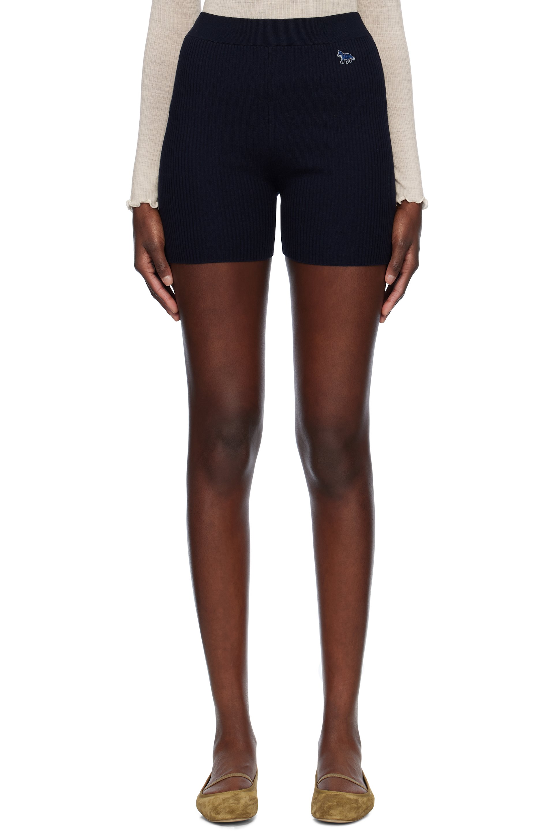 Maison Kitsuné - Short côtelé bleu marine à écusson à logo Baby Fox