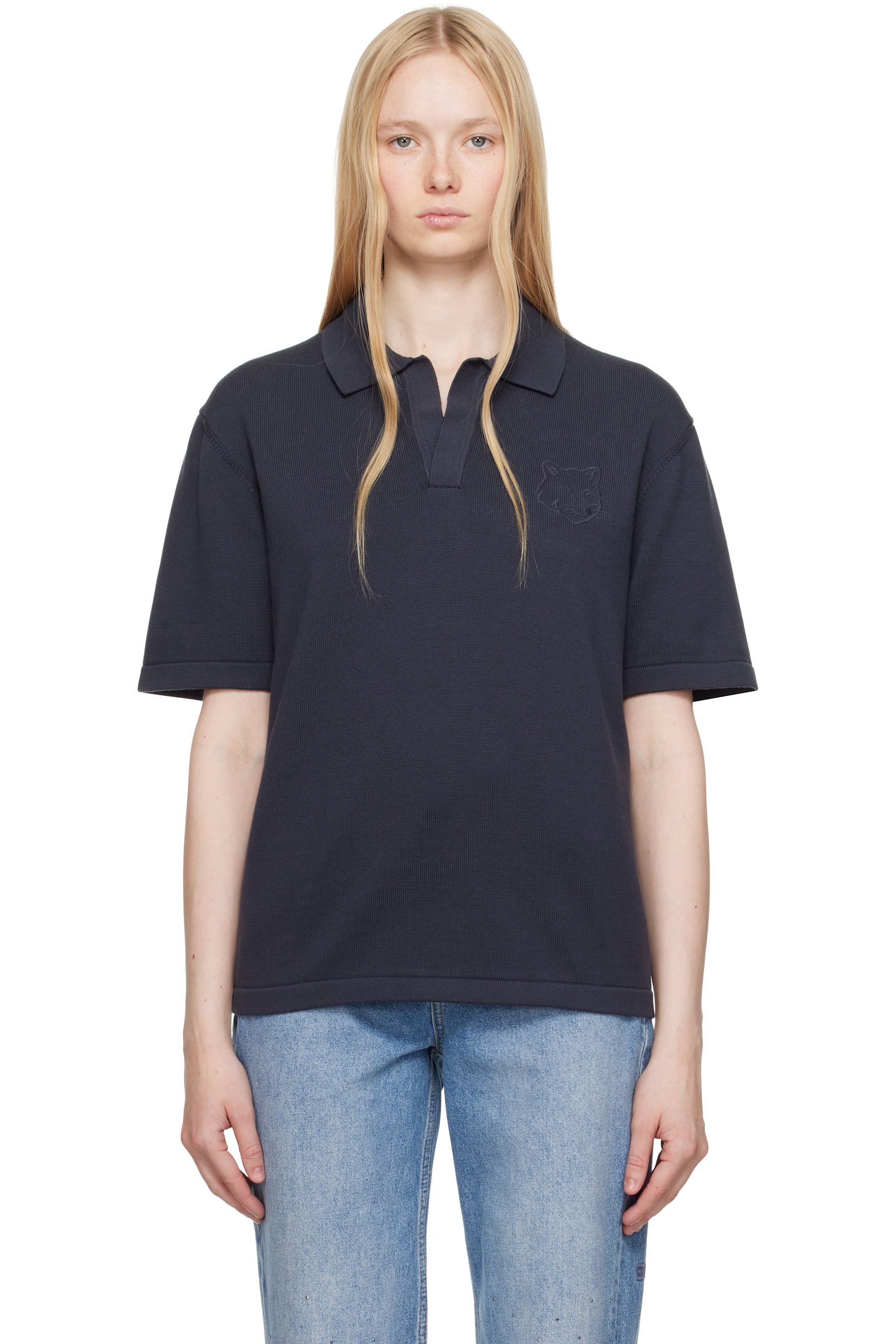 Maison Kitsuné - Polo gris en tricot à logo Bold Fox Head brodé