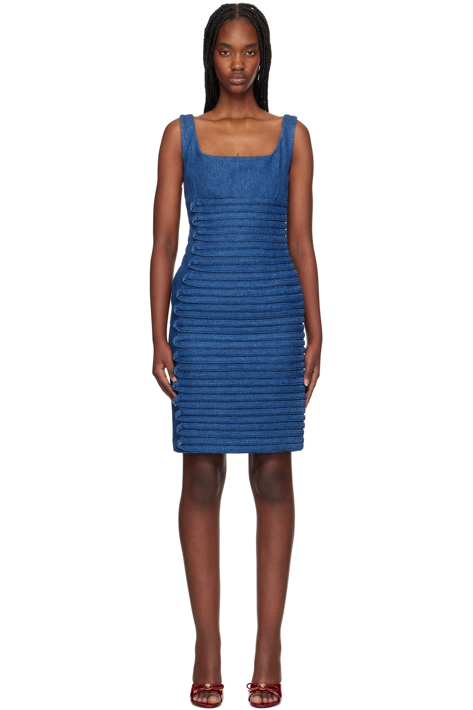 Versace - Robe courte ajustée bleue en denim à encolure arrondie