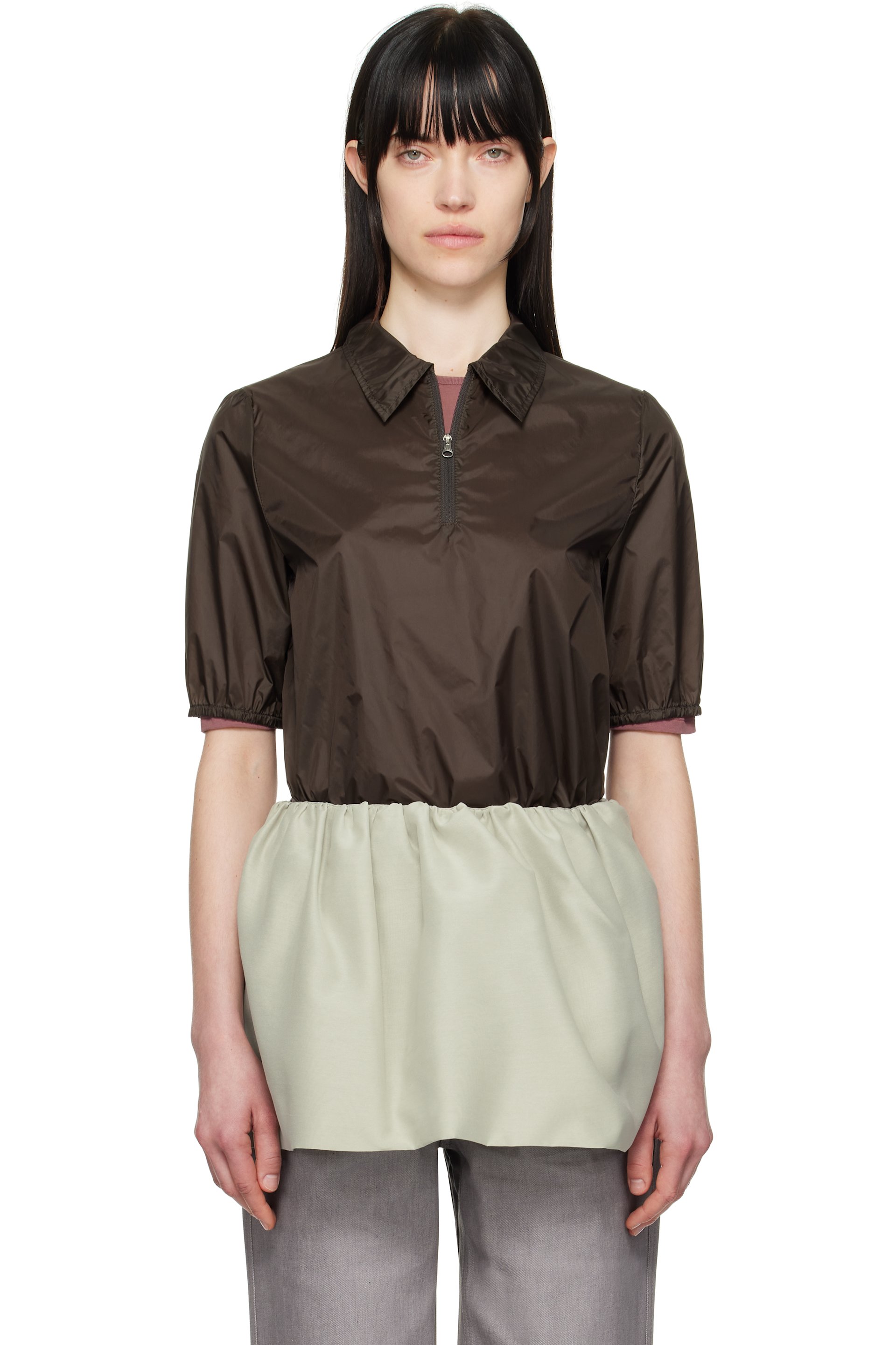 AMOMENTO - Brown Sheer Half Zip-Up Polo