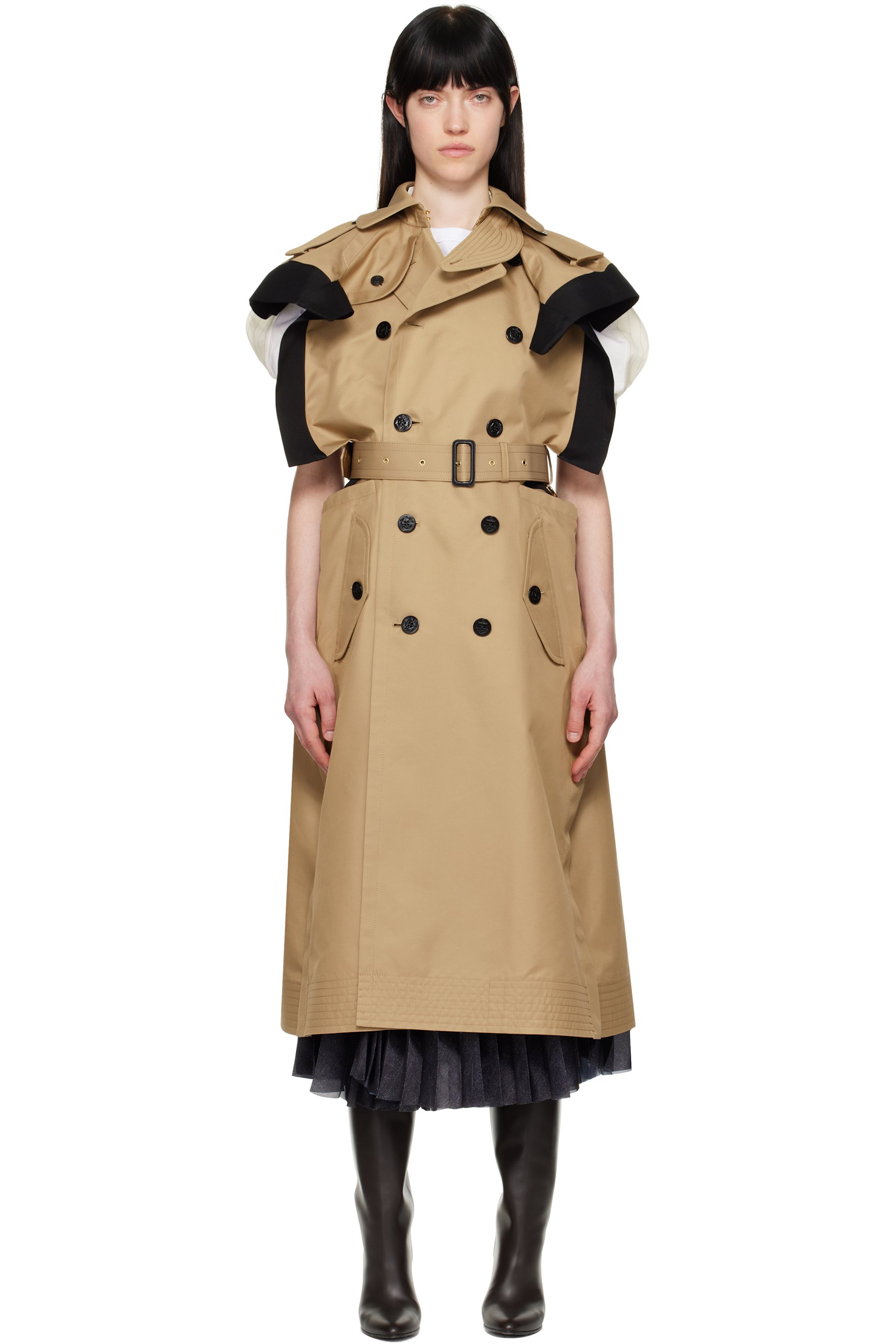sacai - Trench beige et noir en gabardine et en faille double face de coton
