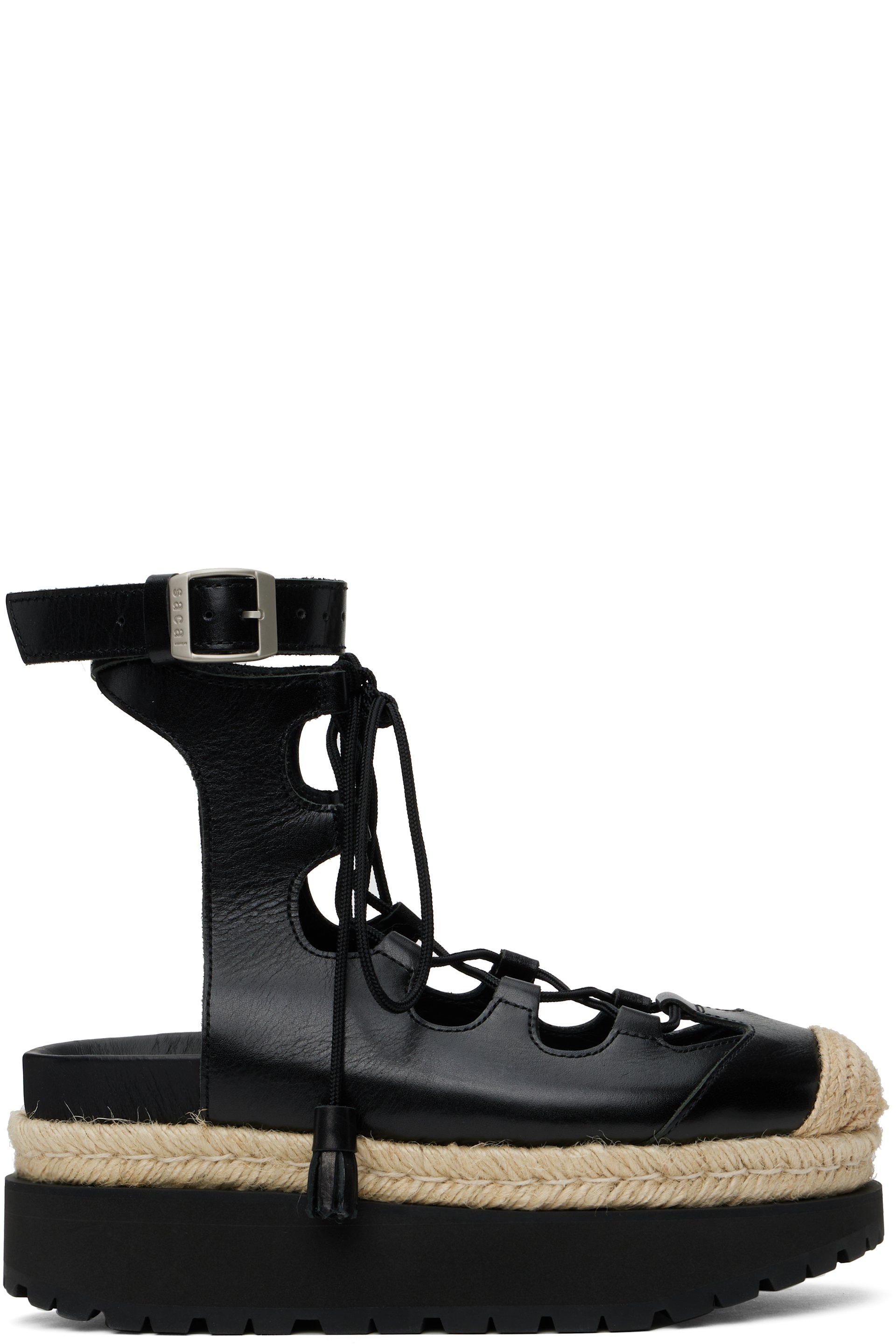 Black Ghillie Heeled Sandals by sacai on Sale