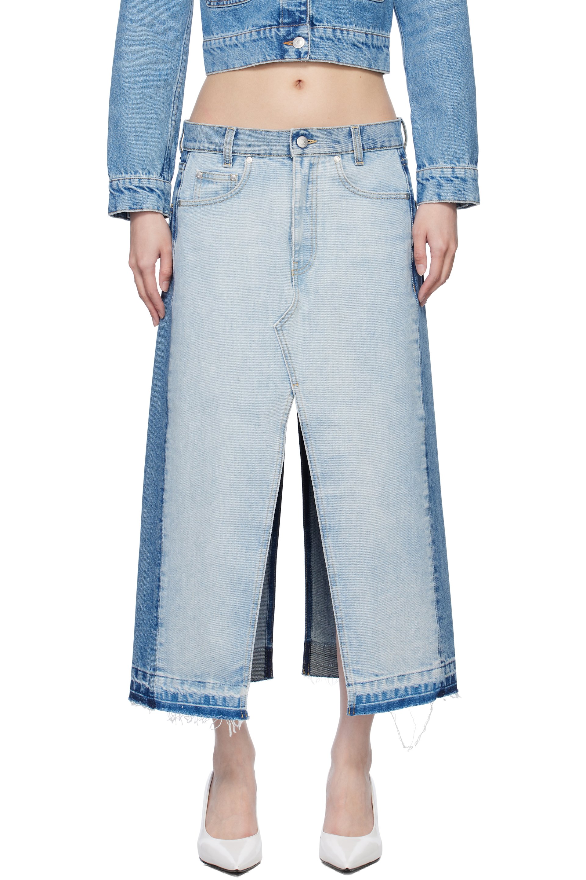 Stella McCartney - Jupe midi bleue en denim à panneaux contrastants