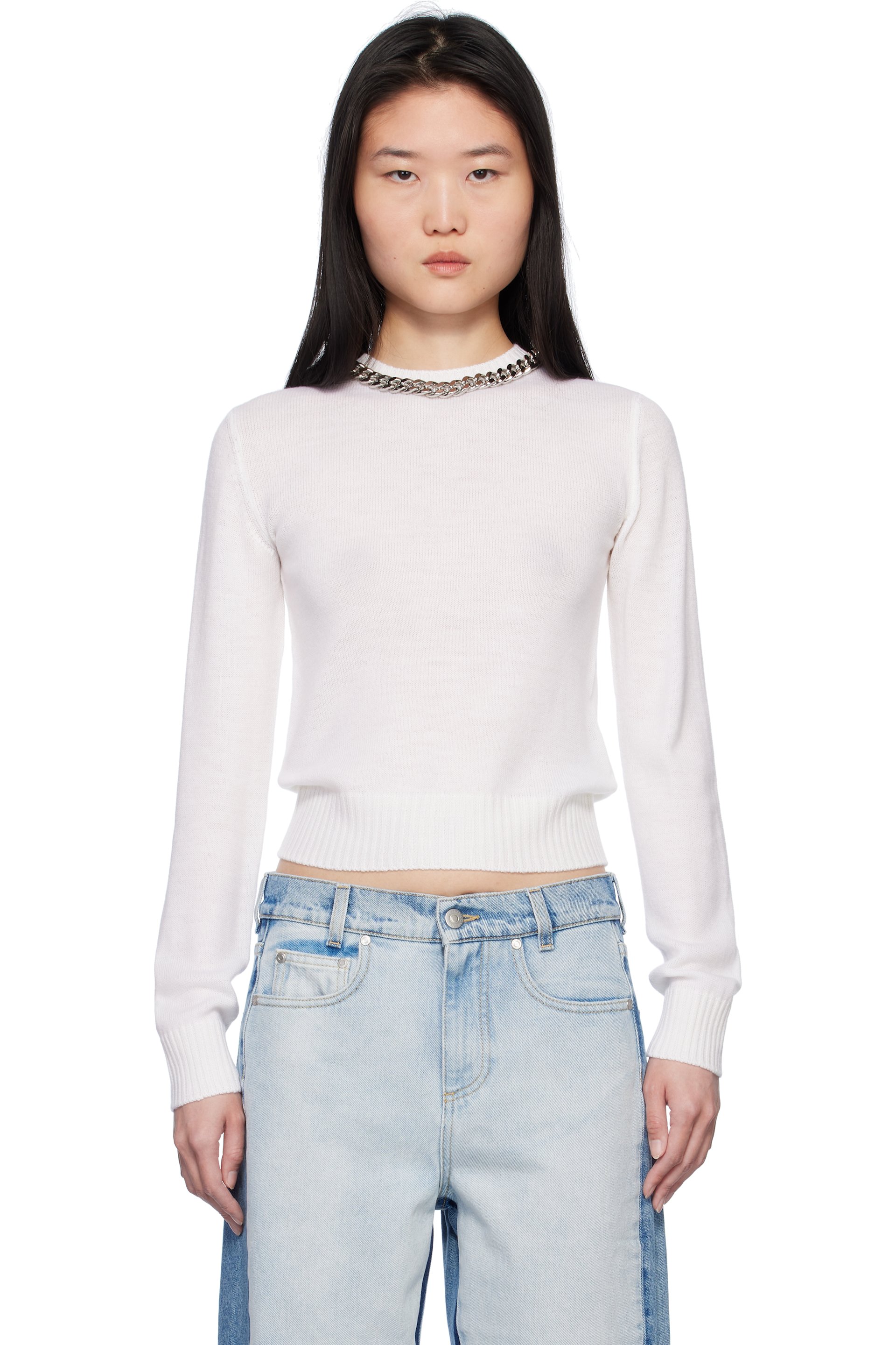Stella McCartney - Pull blanc cassé en tricot fin à chaine Falabella