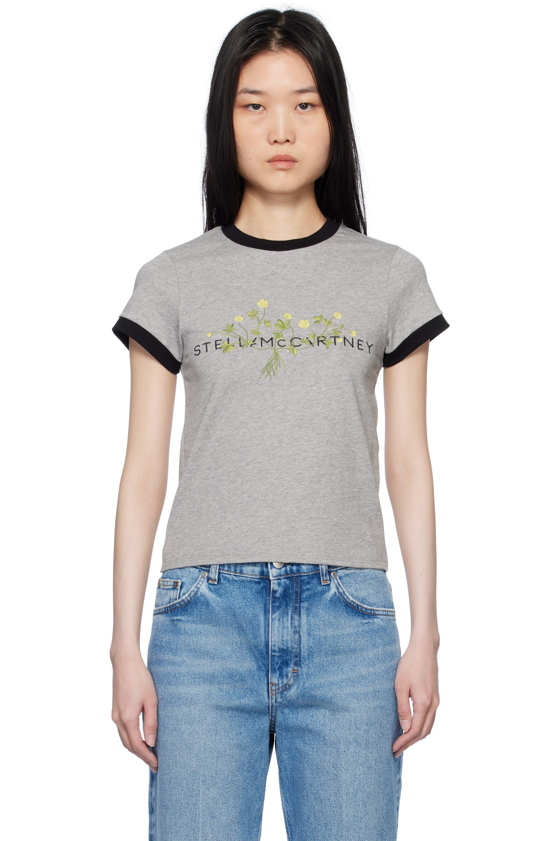 Stella McCartney - T-shirt gris à image florale à logo brodée