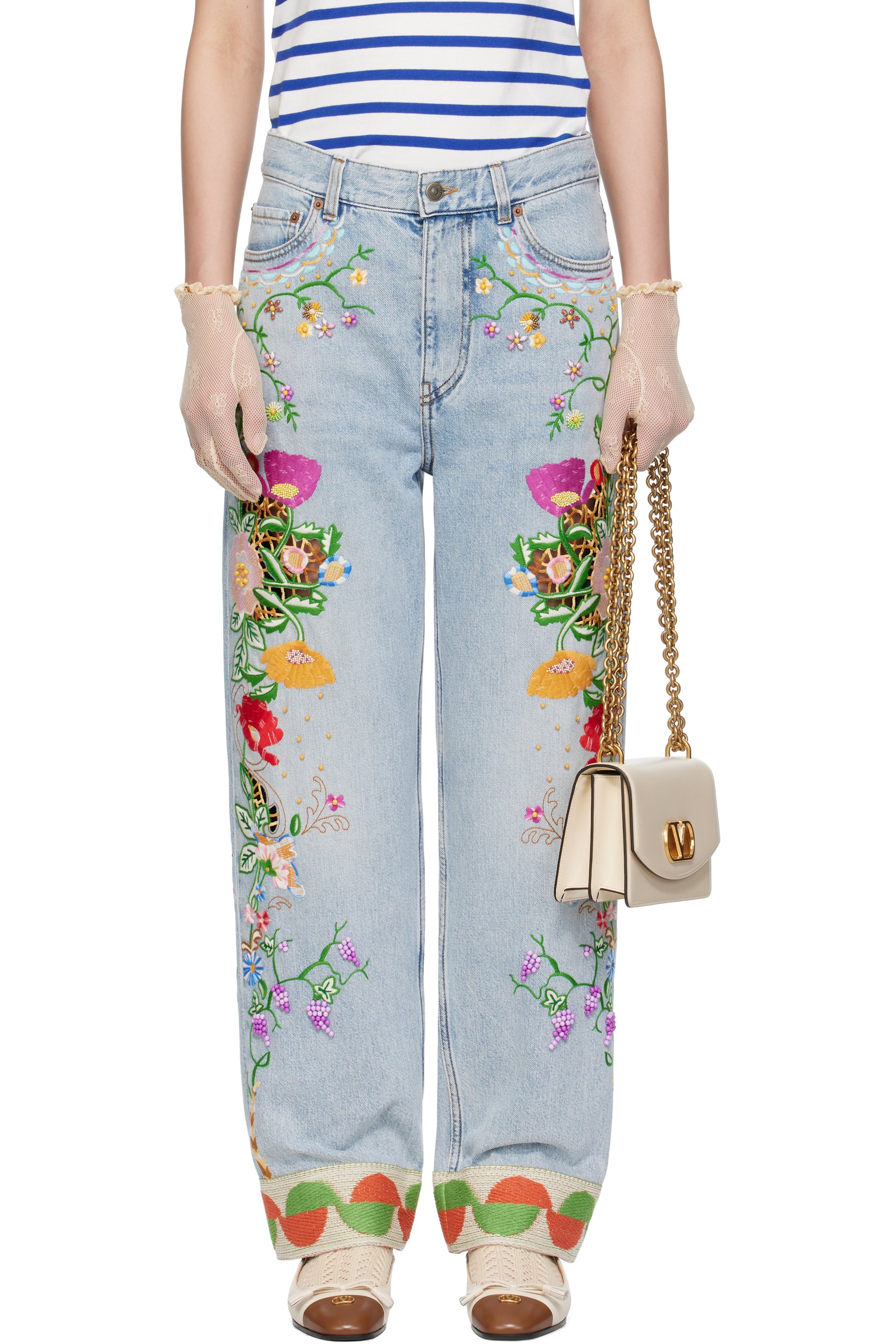 Valentino - Jean bleu à motif fleuri brodé