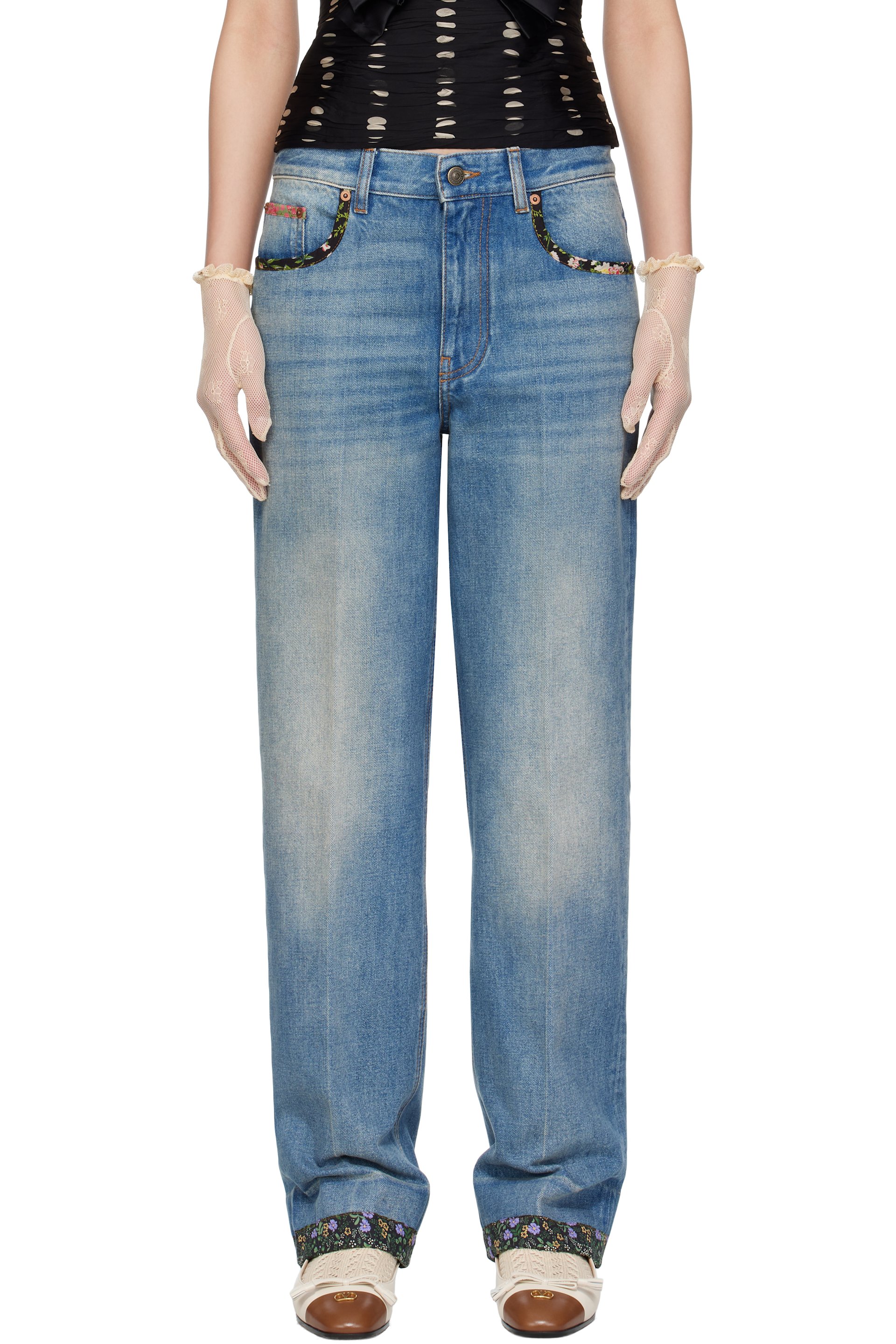 Valentino - Jean bleu à revers à imprimé floral