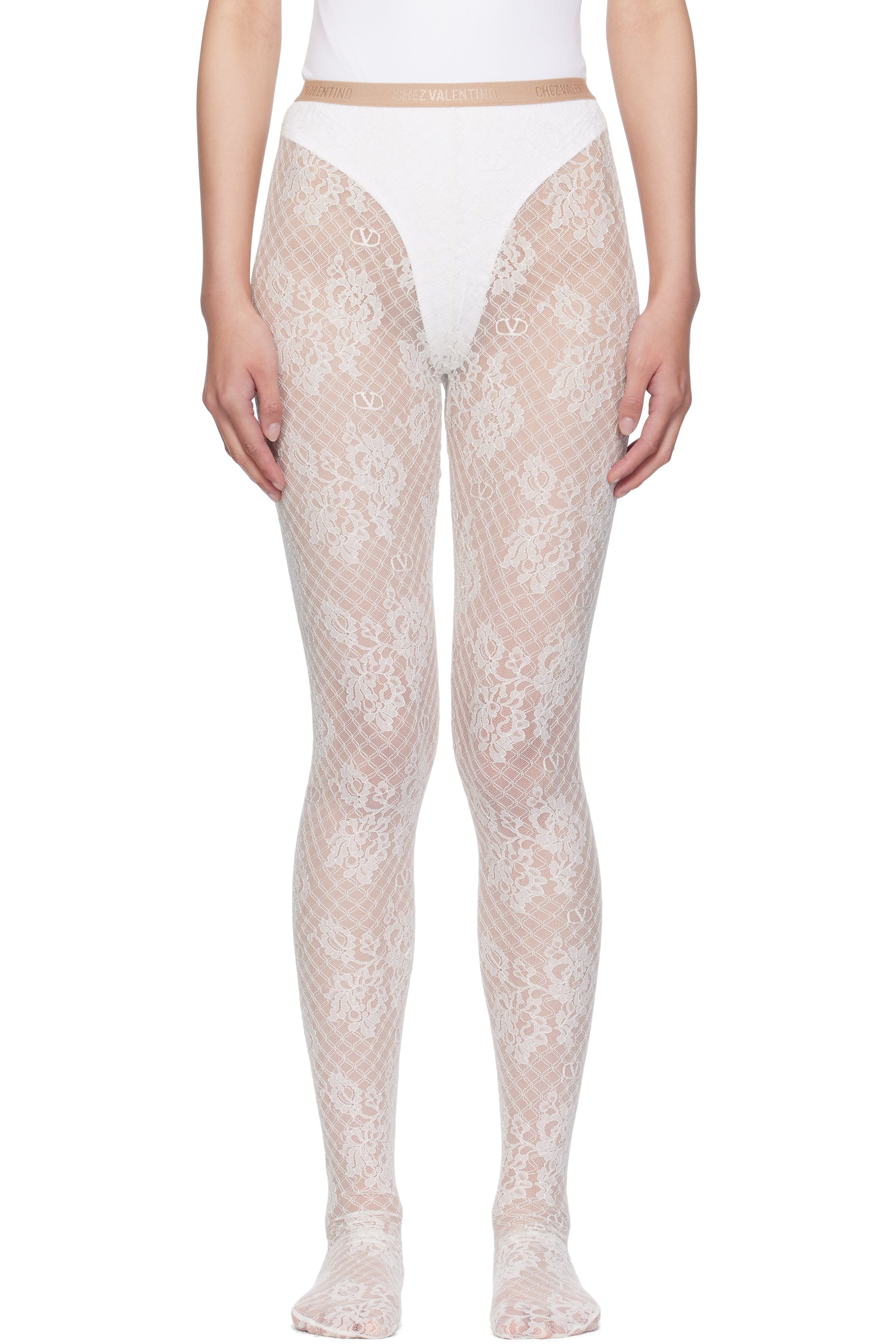 Valentino - Collant blanc cassé en dentelle rebrodée