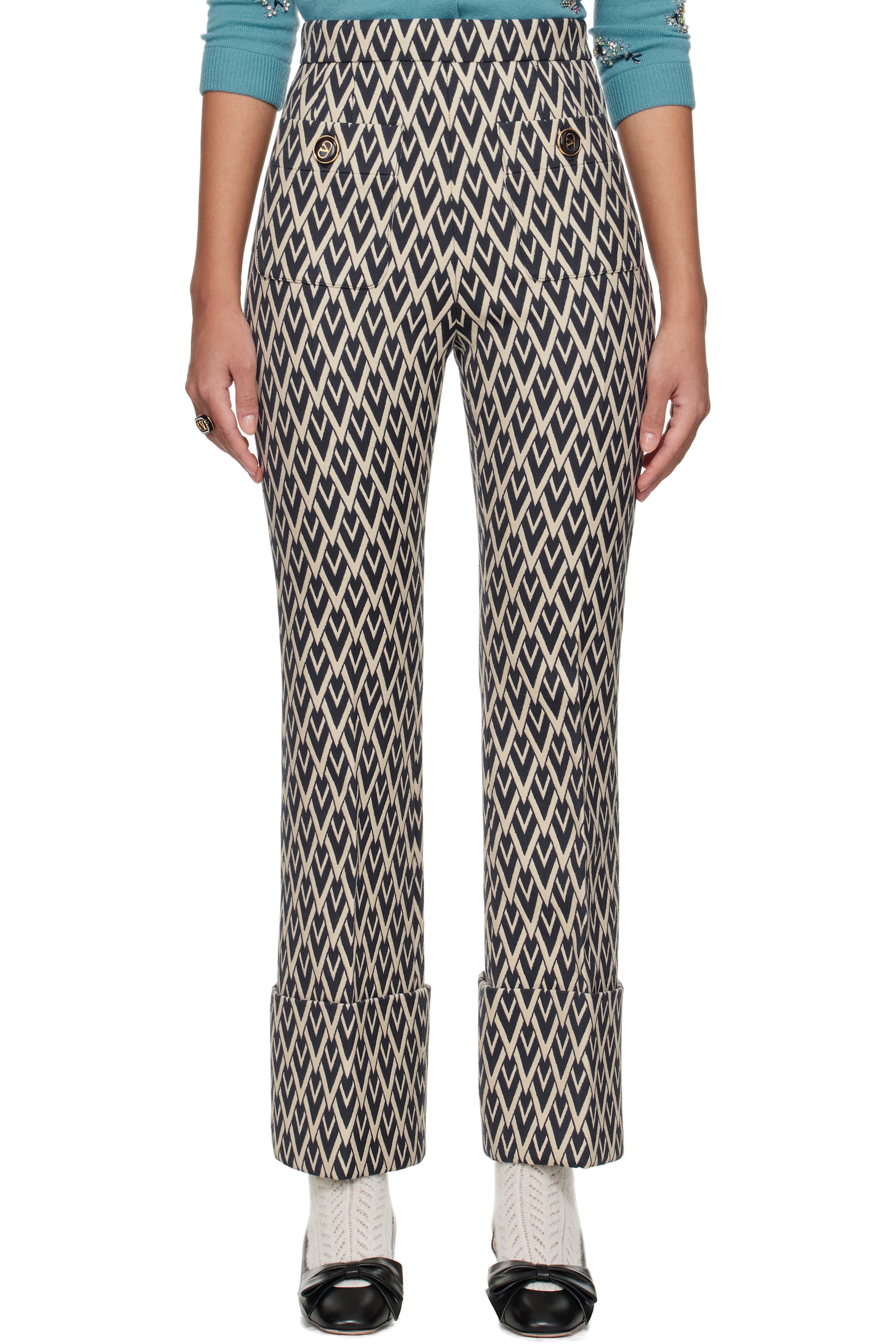 Valentino - Pantalon blanc cassé et bleu marine à motif Toute la V en jacquard