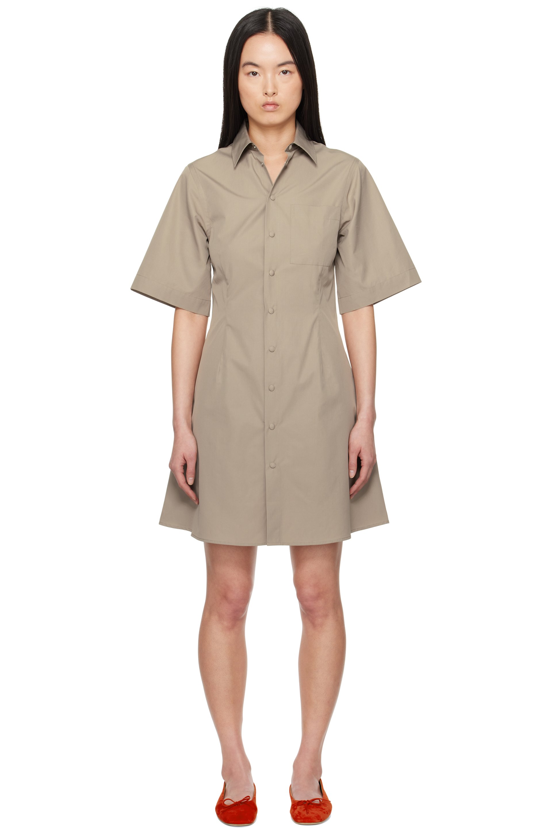 AMI Paris - Robe courte taupe en coton à manches courtes