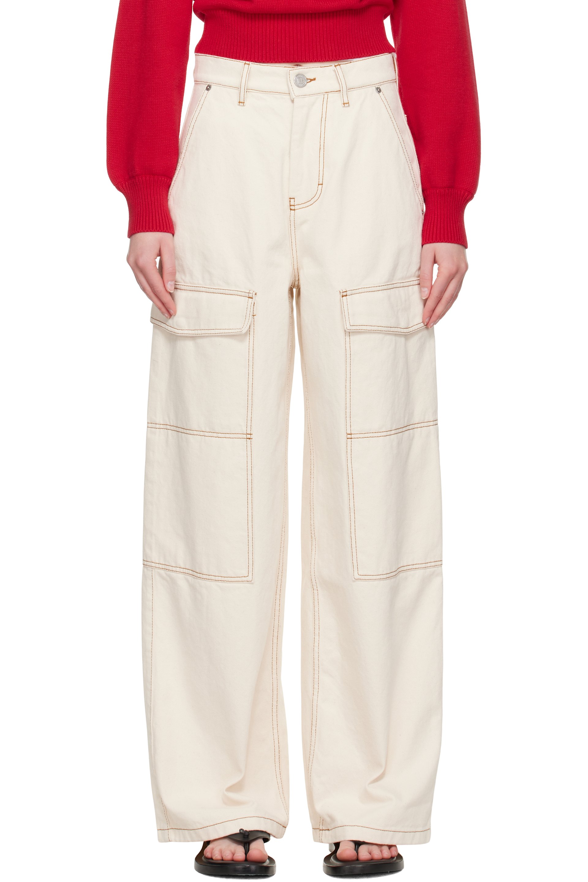 AMI Paris - Pantalon cargo ample beige en denim de coton