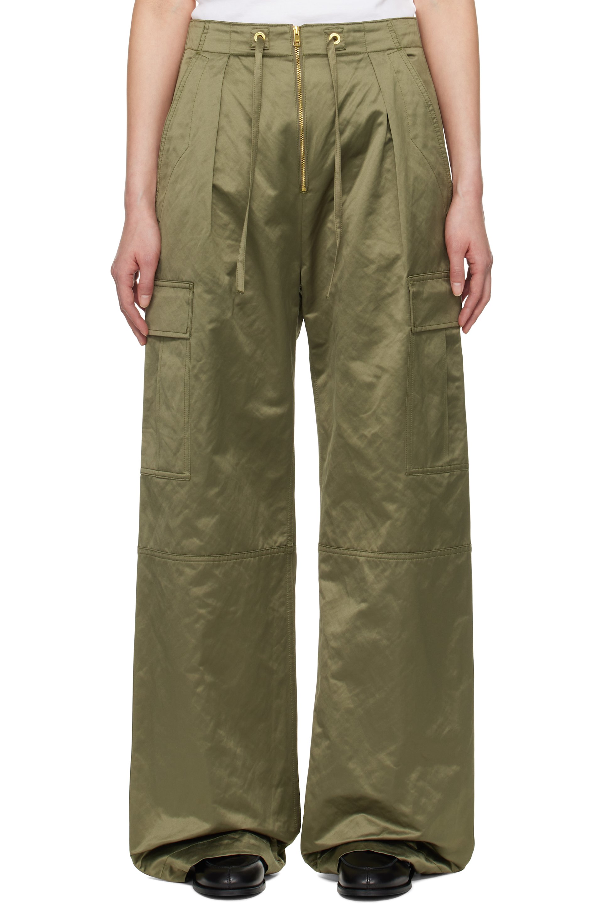 AMI Paris - Pantalon cargo kaki en satin de coton à glissière