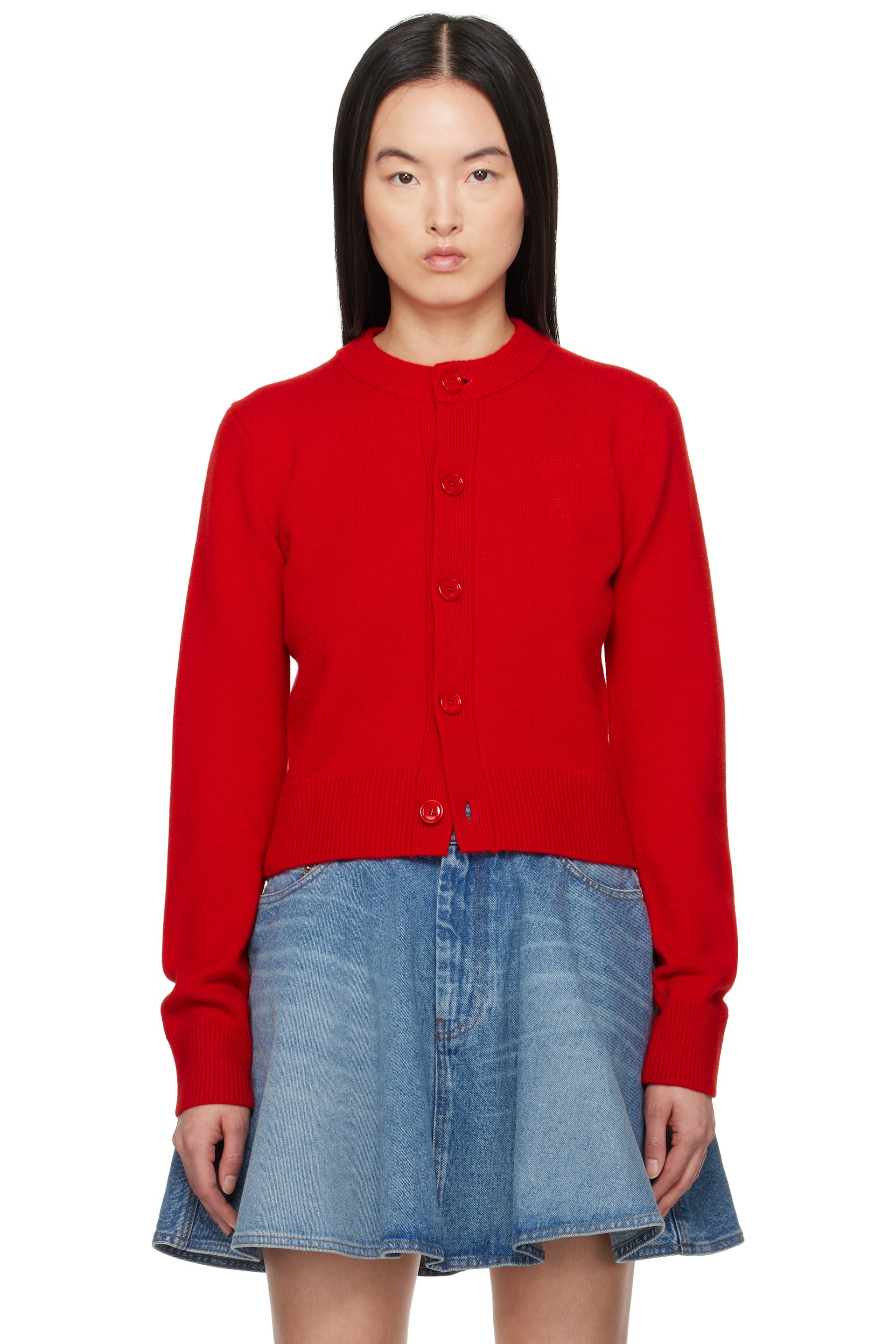 AMI Paris - Cardigan rouge en tricot de laine à logo Ami de cœur