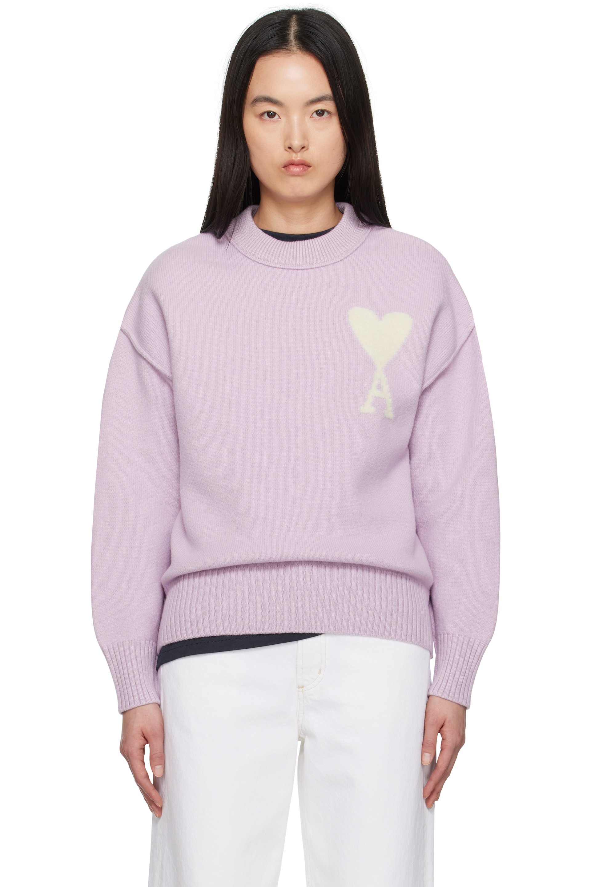 AMI Paris - Pull mauve en laine à logo Ami de cœur