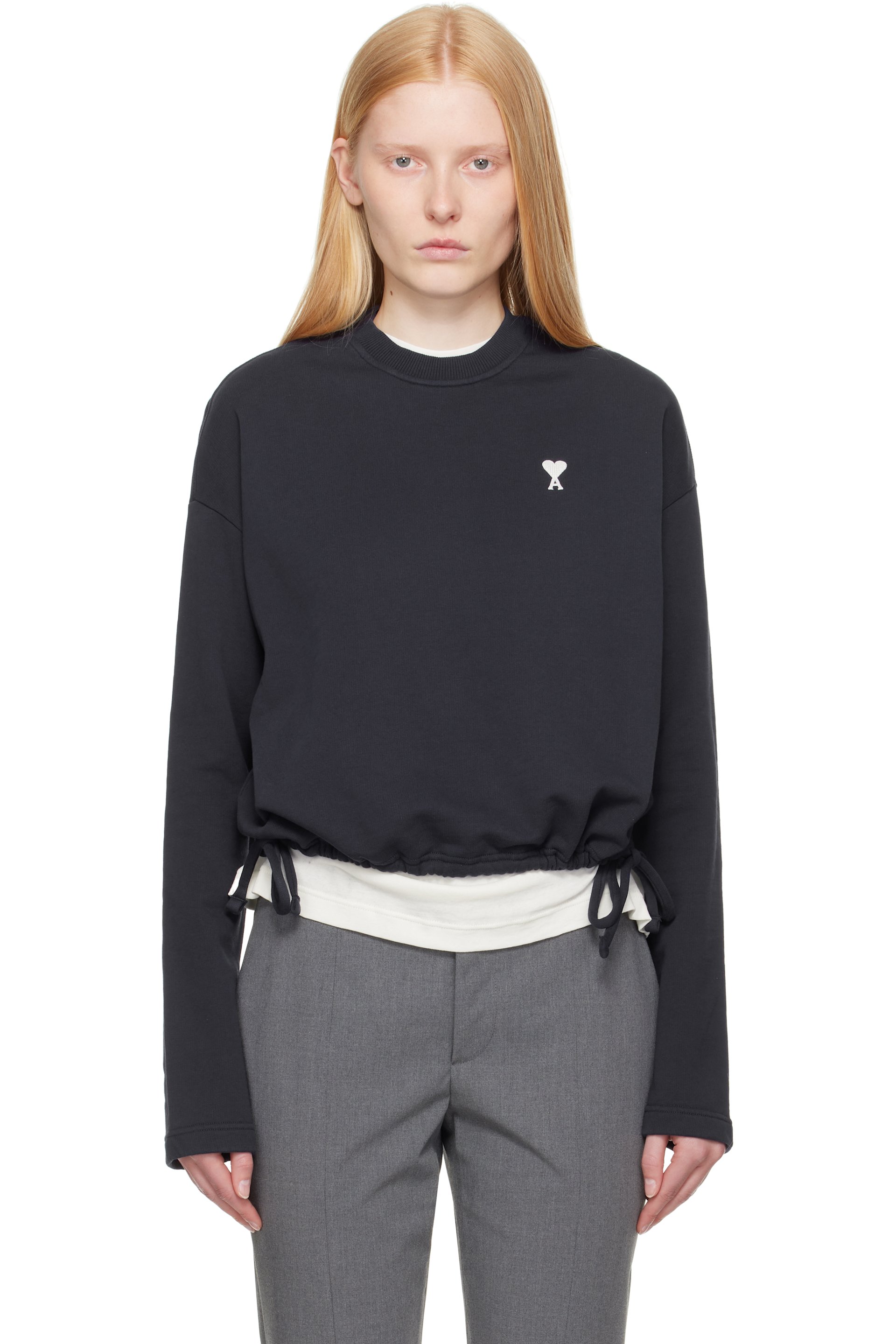 AMI Paris - Pull molletonné bleu marine en coton à logo Ami de cœur