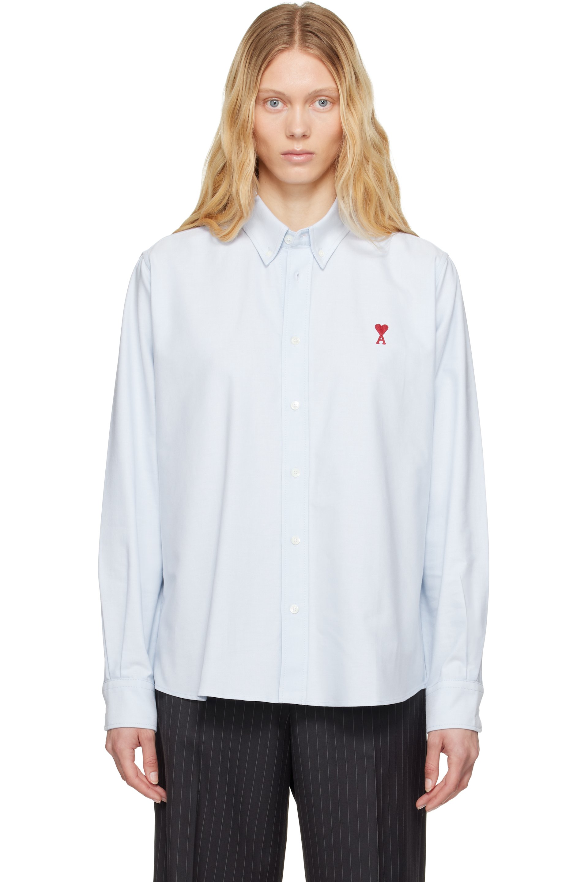 AMI Paris - Chemise bleue en coton à logo Ami de cœur et à boutons