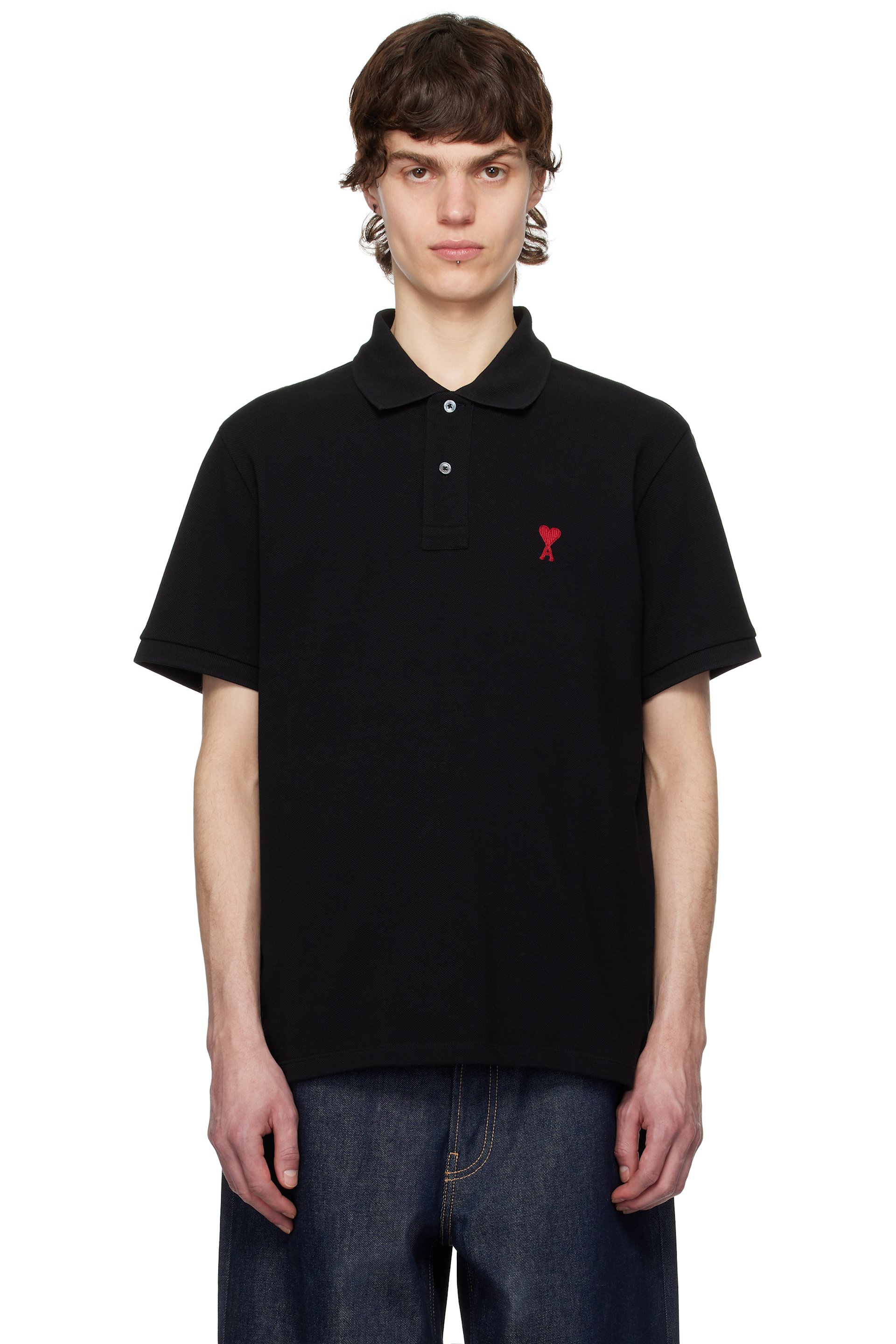 AMI Paris - Polo noir en coton à logo Ami de cœur