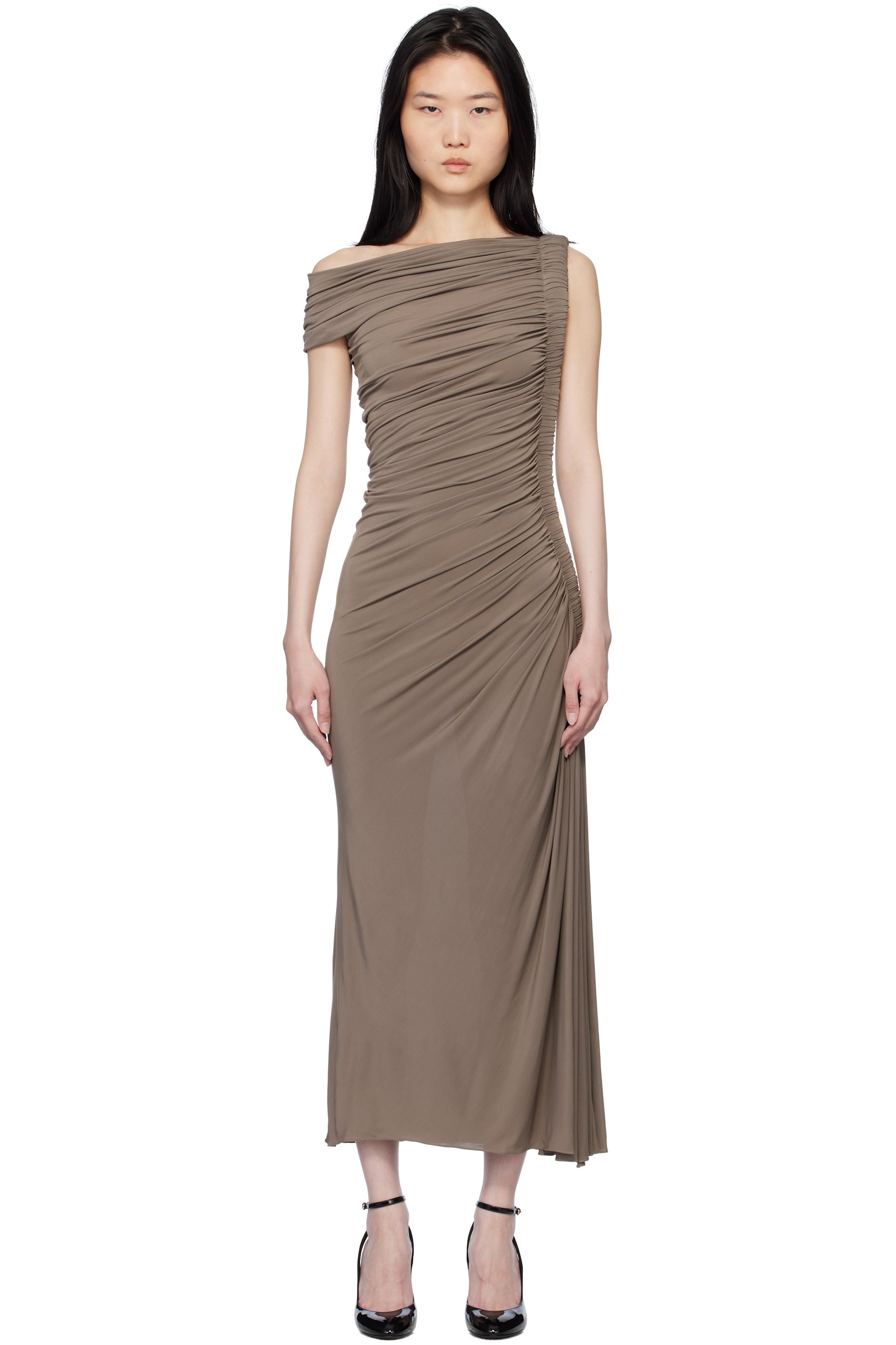 ALAÏA - Robe midi asymétrique taupe à passepoil rembourré