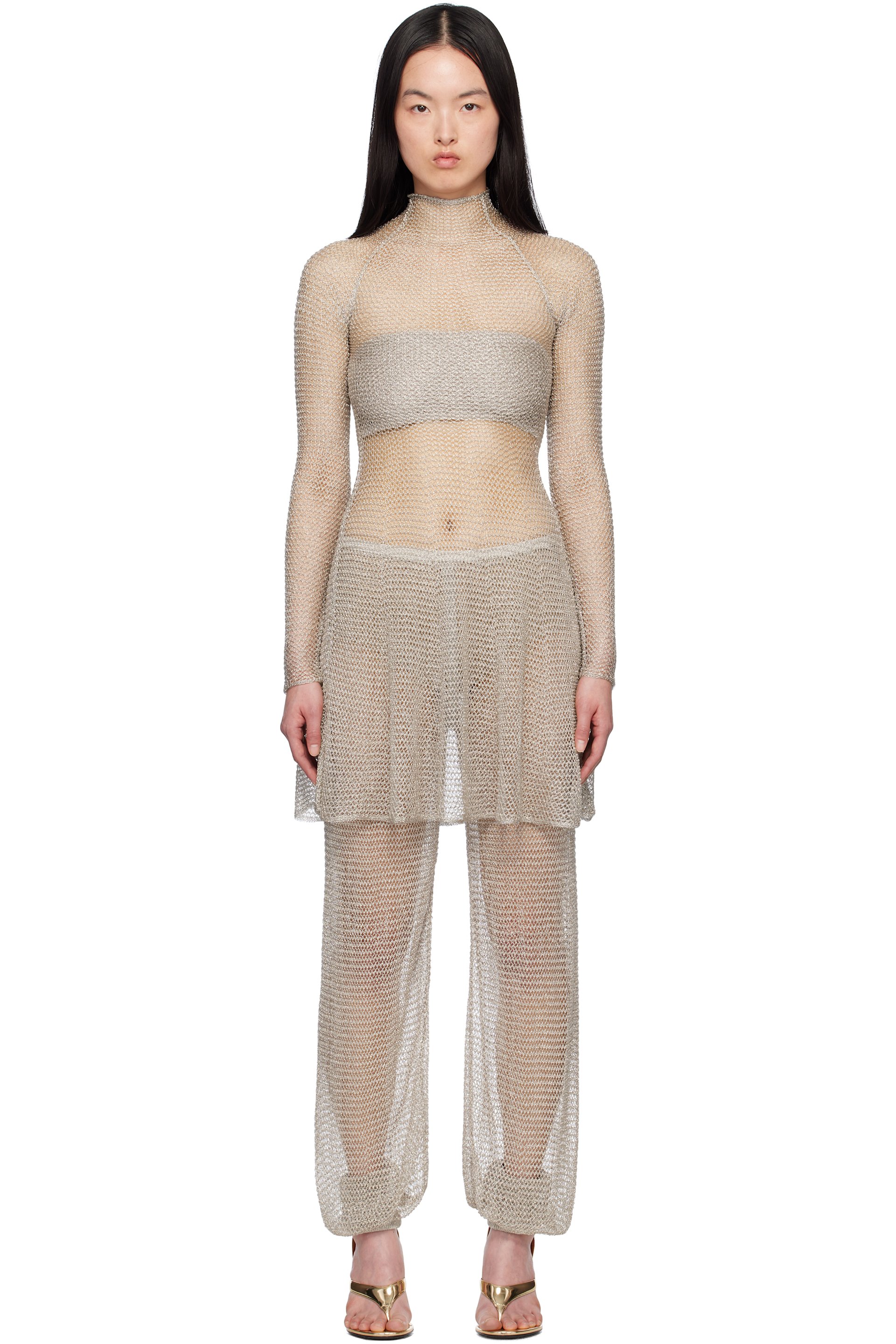 ALAÏA - Robe midi argentée en tricot à mailles ouvertes