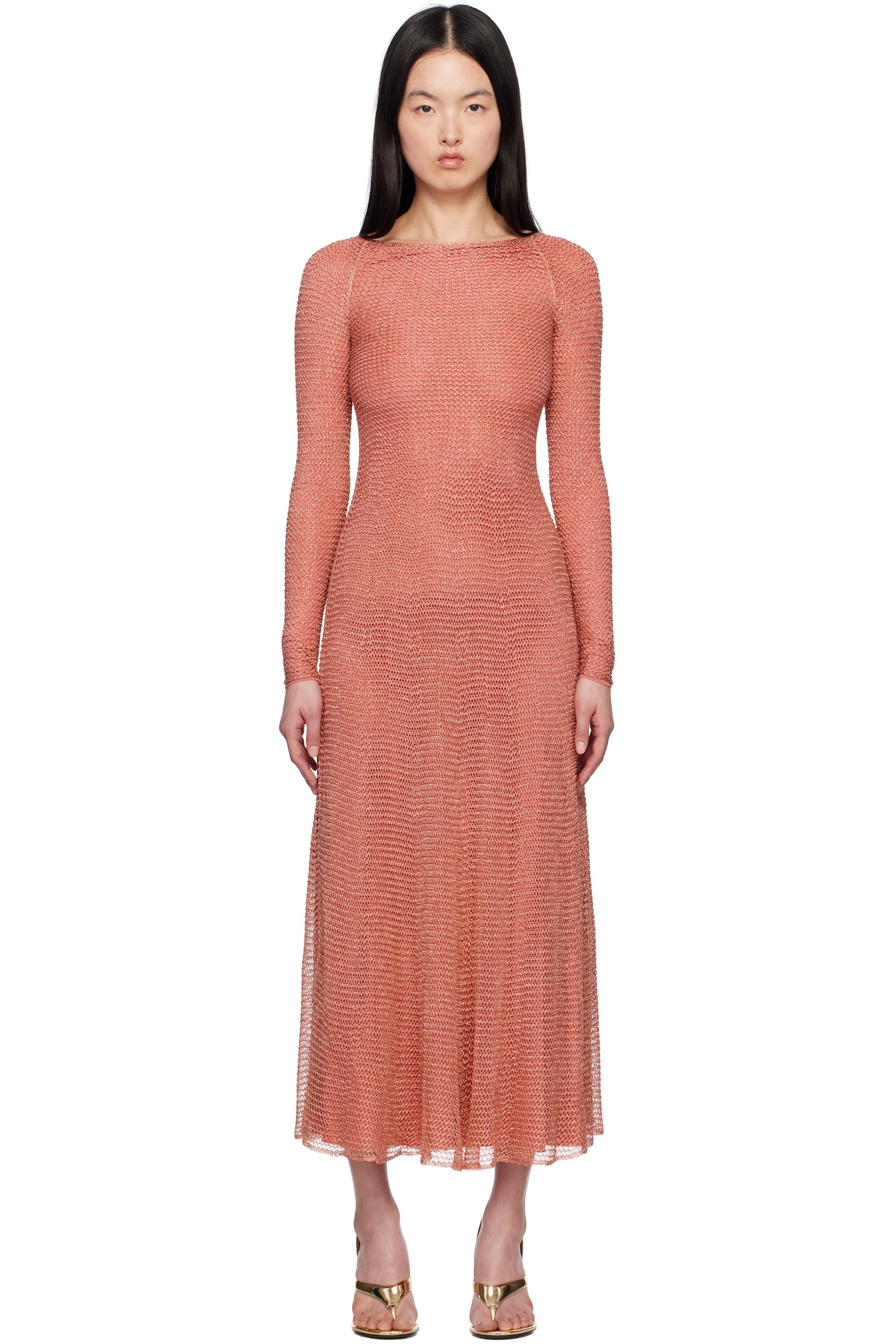 ALAÏA - Robe longue rose en tricot à mailles ouvertes