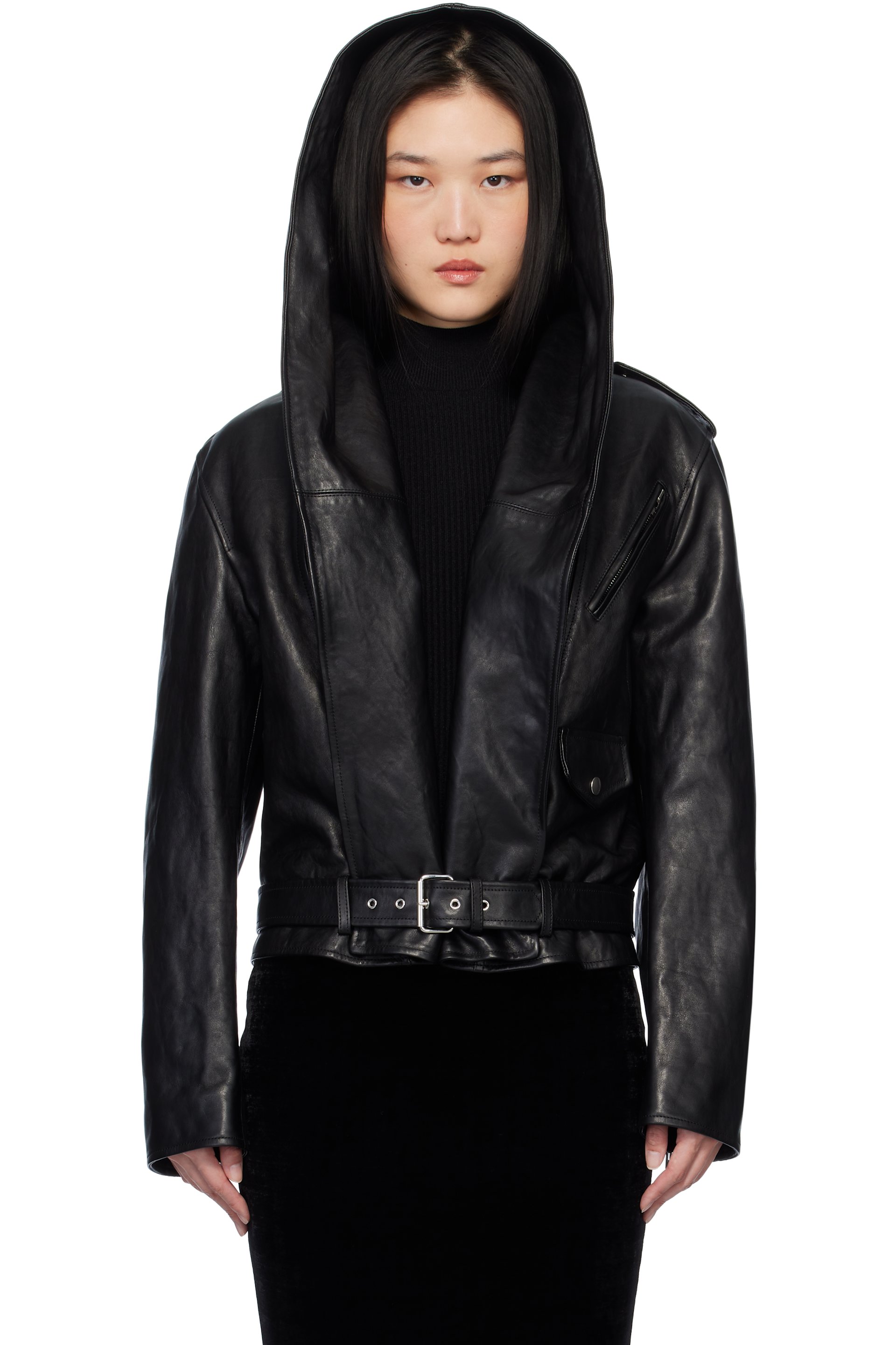 ALAÏA - Blouson motard noir en cuir à capuche