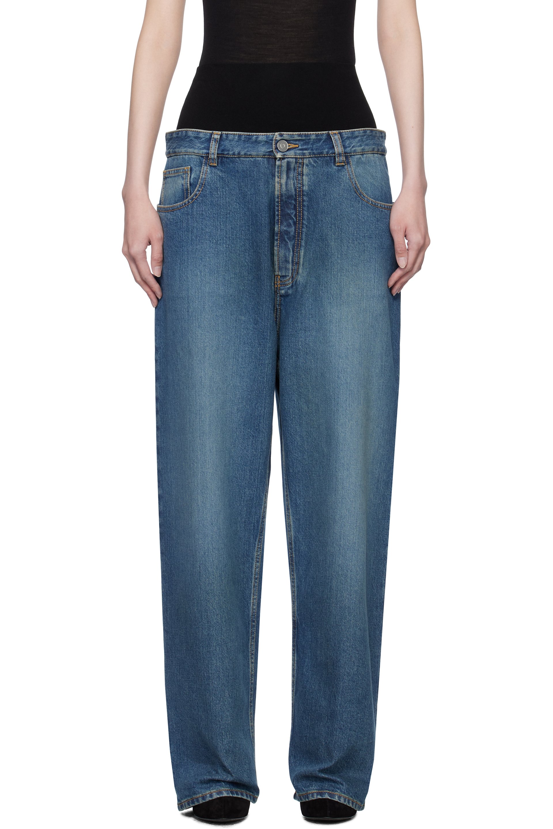 ALAÏA - Jean bleu à taille en tricot intégrée