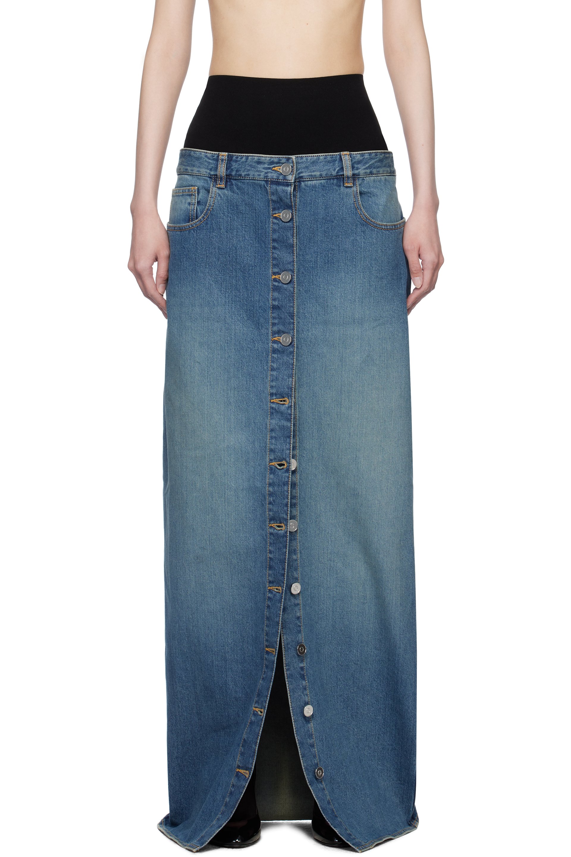 ALAÏA - Jupe longue bleue en denim à taille en tricot intégrée