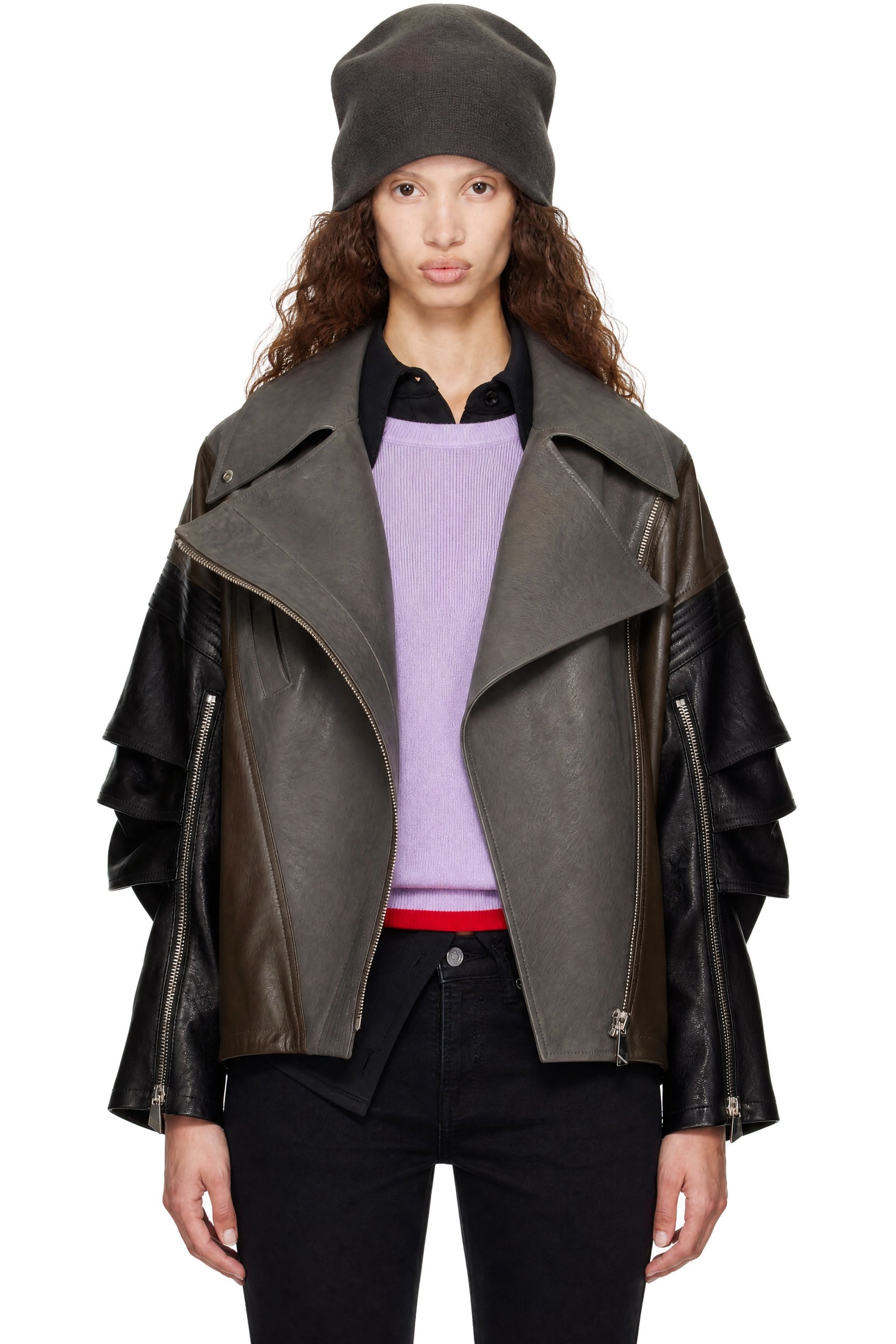 The Attico - Gray & Black Kylie Leather Bomber Jacket